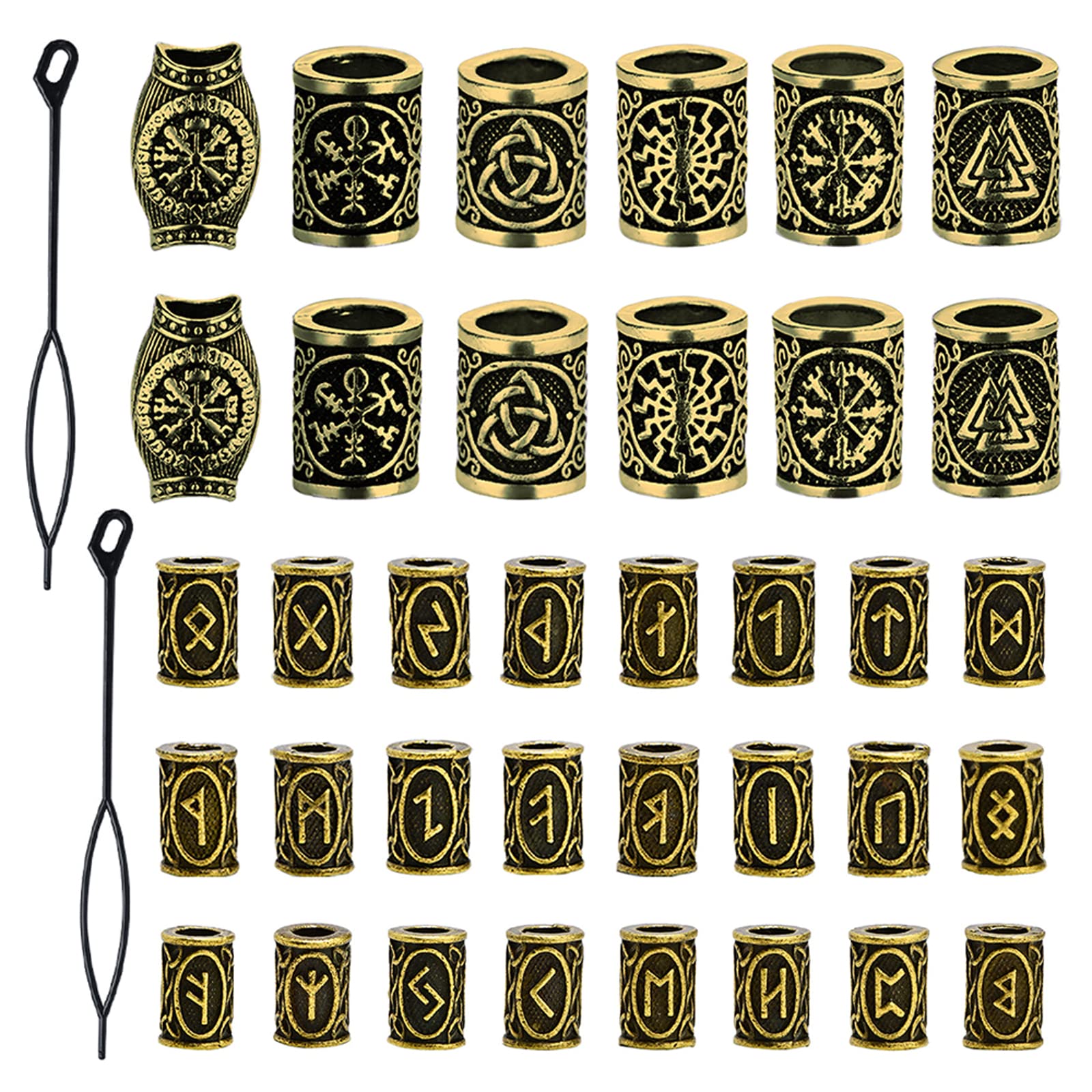 Cdemiy Beard Beads for Men, 36 Pcs Hair Beard Beads, Antique Rune Viking Hair Accessory Beard Beads Braiding Set, for DIY Bracelets to Make Hair Accessories (Gold)