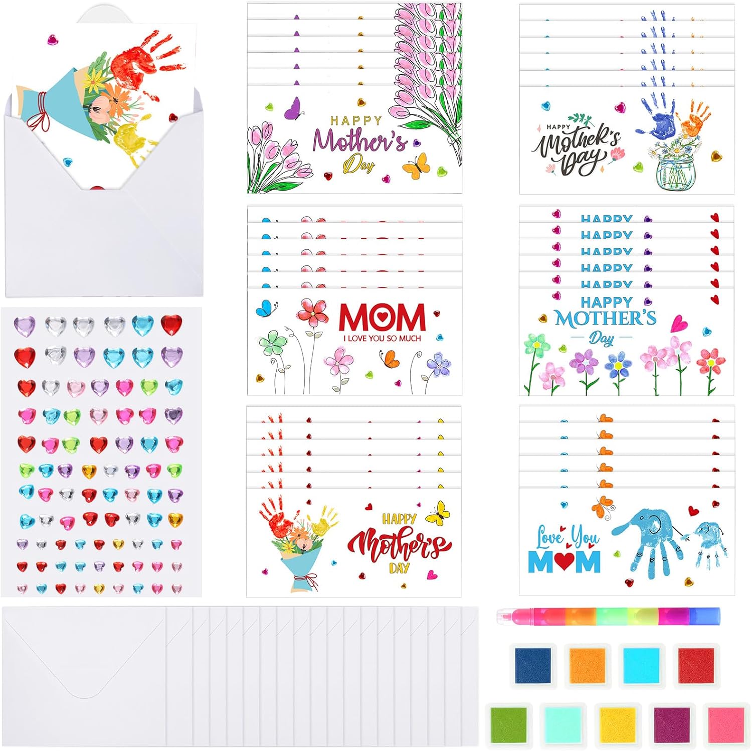 Thiccywoov 24 Set Mother's Day Craft Kit DIY Thumbprint Mother's Day Greeting Card with 9 Pcs Finger Paints 1 PC Marker 1 PC Sticker for Mom Gift Home Classroom Fun Activities DIY Craft