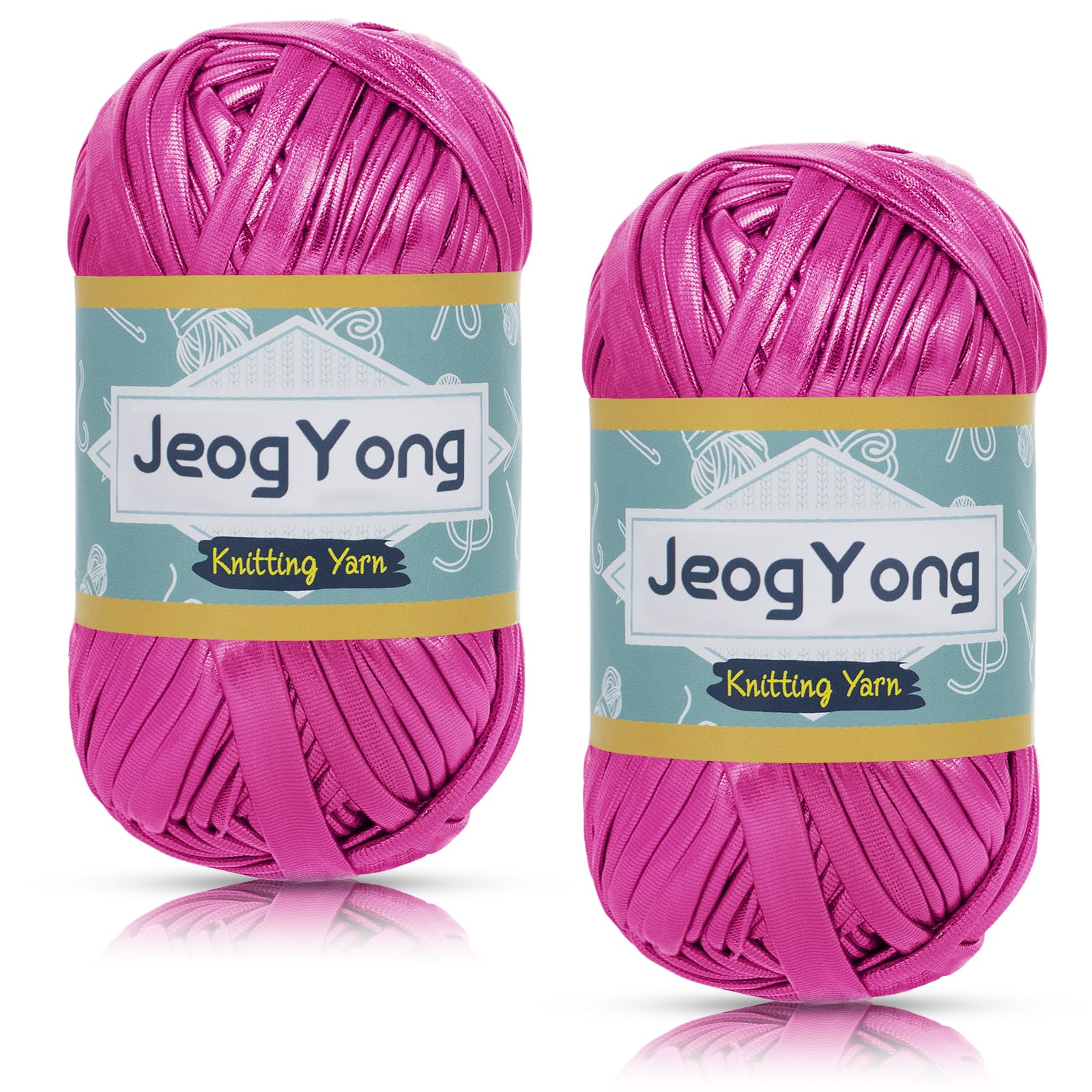 JeogYong 2 Skein Metallic T-Shirt Yarn, 2 x 100g(2 x 49yd) Polyester Knitting Fabric Ribbon Yarn, Chunky Crochet Tape for Crocheting Bags, Baskets, Home Decor, DIY Crafts (Rose Red)