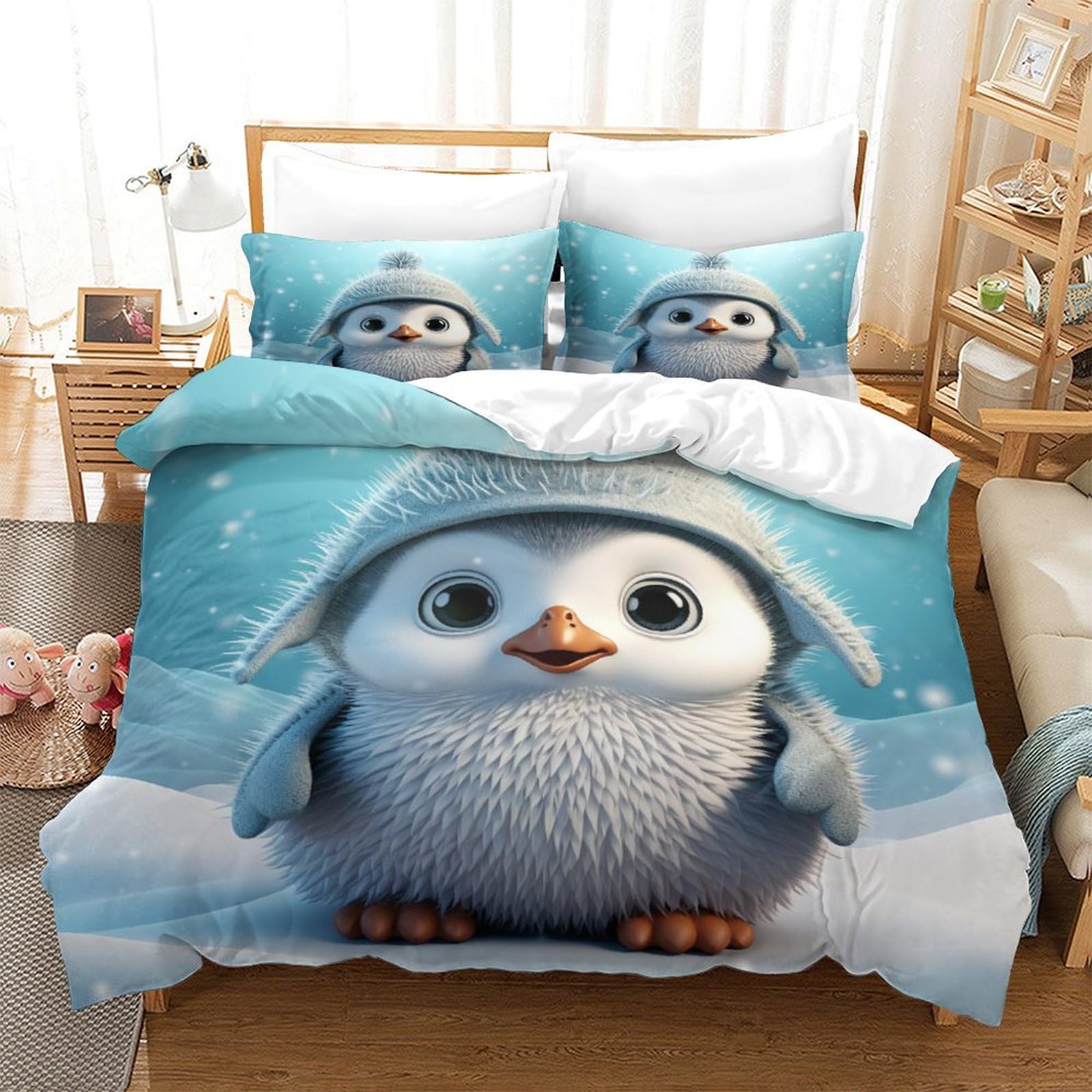 Parure de lit pingouin 3D en microfibre 260x220 cm avec ses deux taies d'oreiller super king