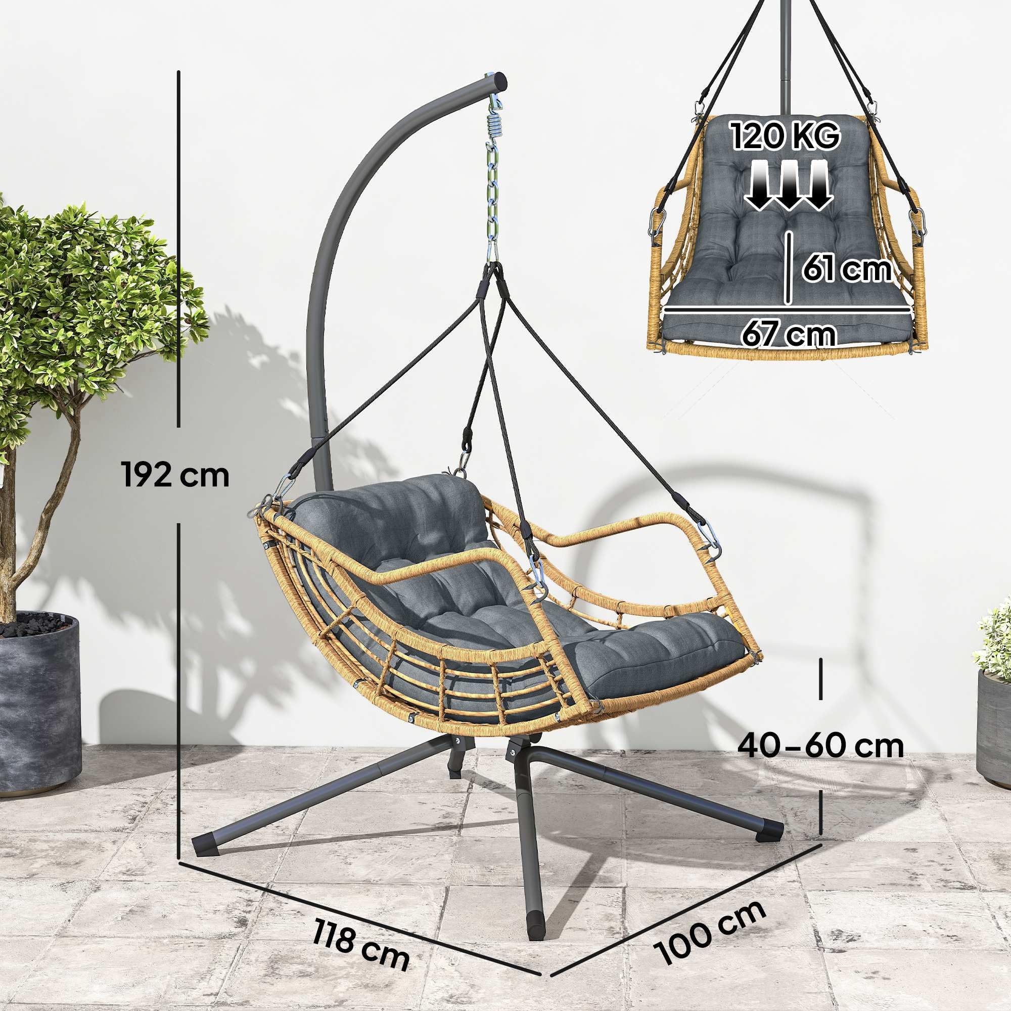 Outsunny Fauteuil Suspendu en résine tressée avec Support, Chaise Suspendue, Chaise hamac balançoire, Coussin et Attache de sécurité, Hauteur réglable, Cadre en Acier, intérieur et extérieur, Gris