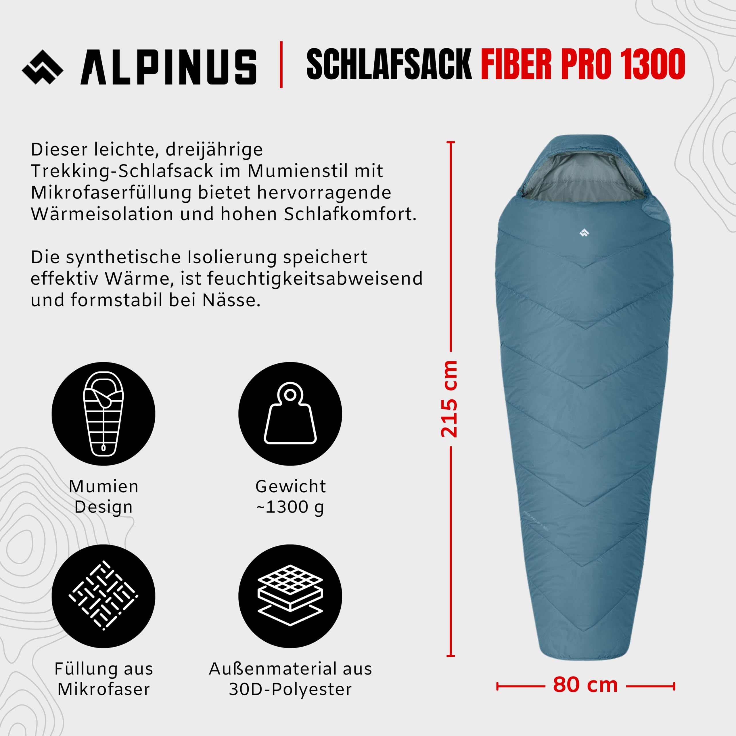 Alpinus - Śpiwór dla dorosłych Fiber Pro 1300, śpiwór, 215 x 80 cm, lekki śpiwór z dwukierunkowymi zamkami błyskawicznymi, śpiwór typu mumia ze ściśliwym pokrowcem, śpiwór kempingowy