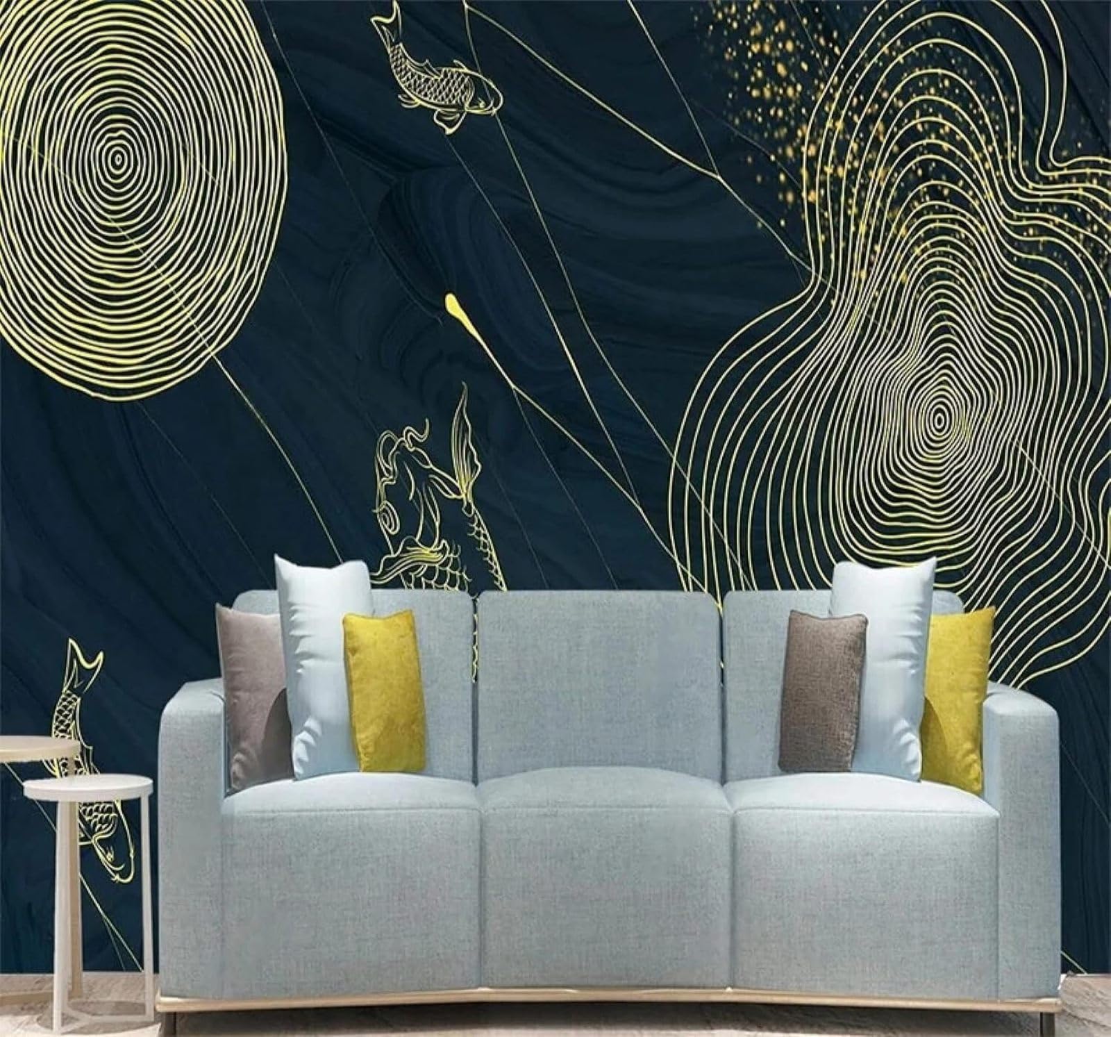 XLMING Creative Gold Thread Circle Gold Carp Marble Effect 3D Wallpaper Silky Texture Home Study Office Grey Dining Room Sofa Bedroom Living Room TV Backdrop-250cm×170cm