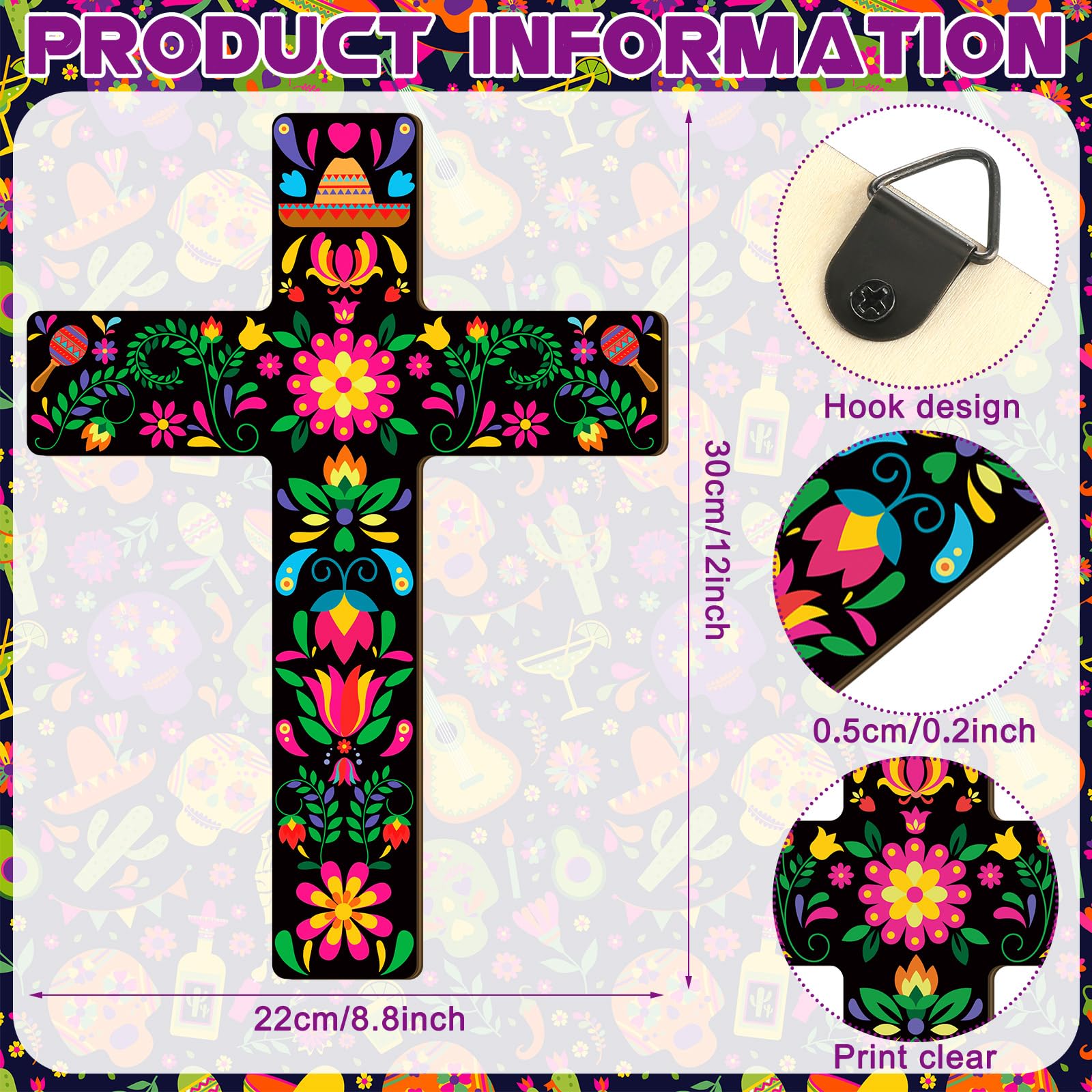 Pinkunn 2 Pcs Floral Cross Wall Decor Mexican Home Decor Hand Painted The Ofrenda of the Dead Day Sugar Skull Art Spanish Style Crucifix Wall Cross for Home Room Church Decoration