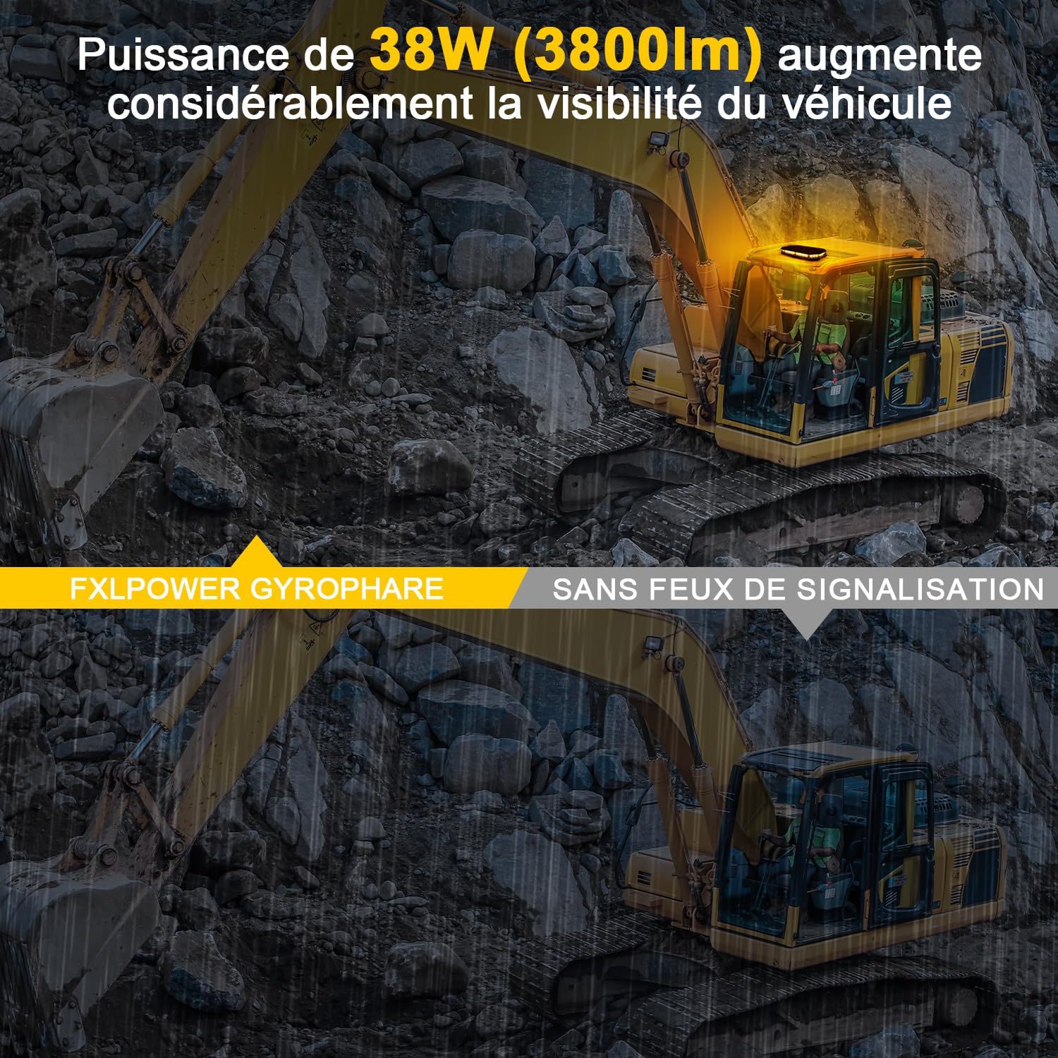 Gyrophare 42 LED Magnétique 12-24V, Câble 3,8m, Jaune | Étanche IP68, 38 Modes à Mémoire, Prise Allume-Cigare, Visibilité 610 Mètres, pour Chantier et Tracteur