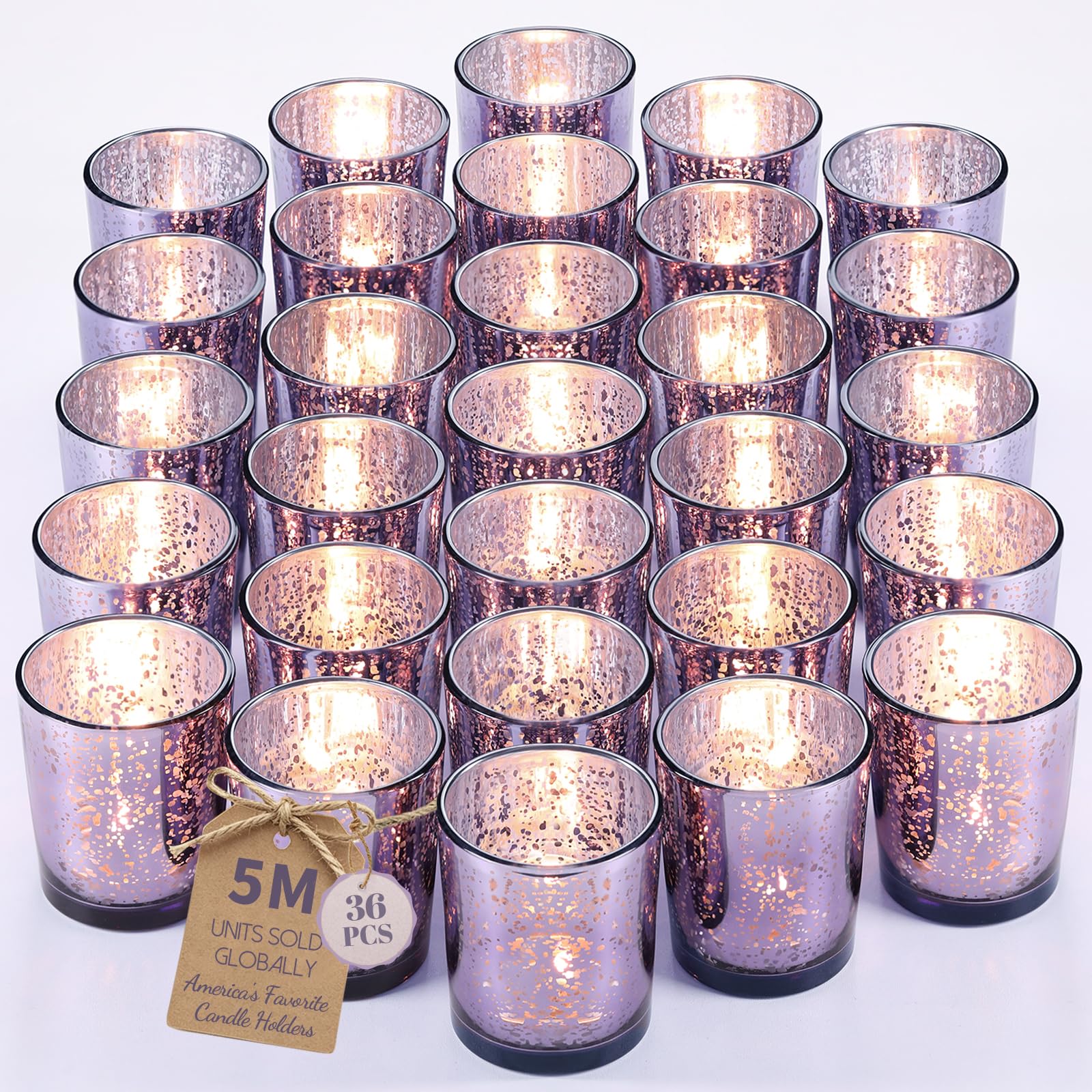 LETINE 36pcs Purple Votive Candle Holders – Glass Tea Light Candles Holder, Standard Votive Size for Regular Votive Candles– Bulk Candle Holder for Party Decoration, Bridal Shower, Home Decor