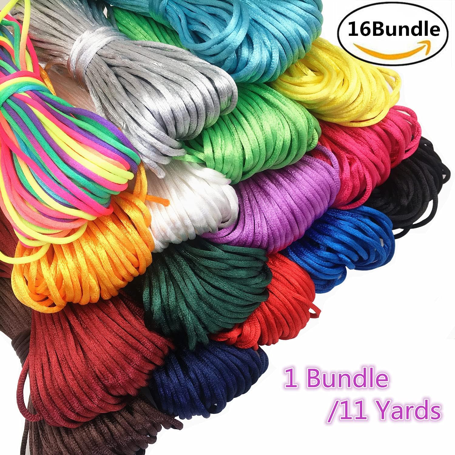 2mm Rattail String,Satin Nylon Trim Cord 16 Bundles 176 Yards Nylon Silk Cord for Jewelry Making Silk Thread Silk Bracelet String