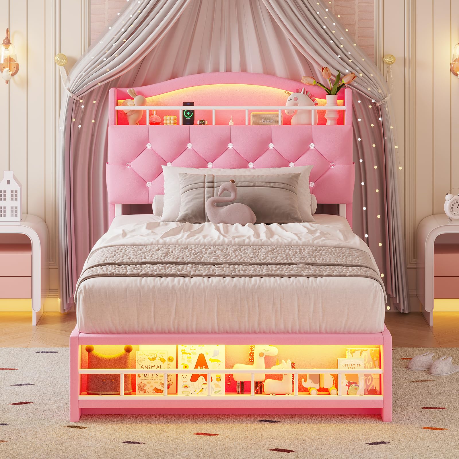 HAUOMS Twin Size Bed Frame with LED Lights, Princess Velvet Upholstered Platform Bed for Girls, Headboard with Charging Station & Guardrail & Crystal