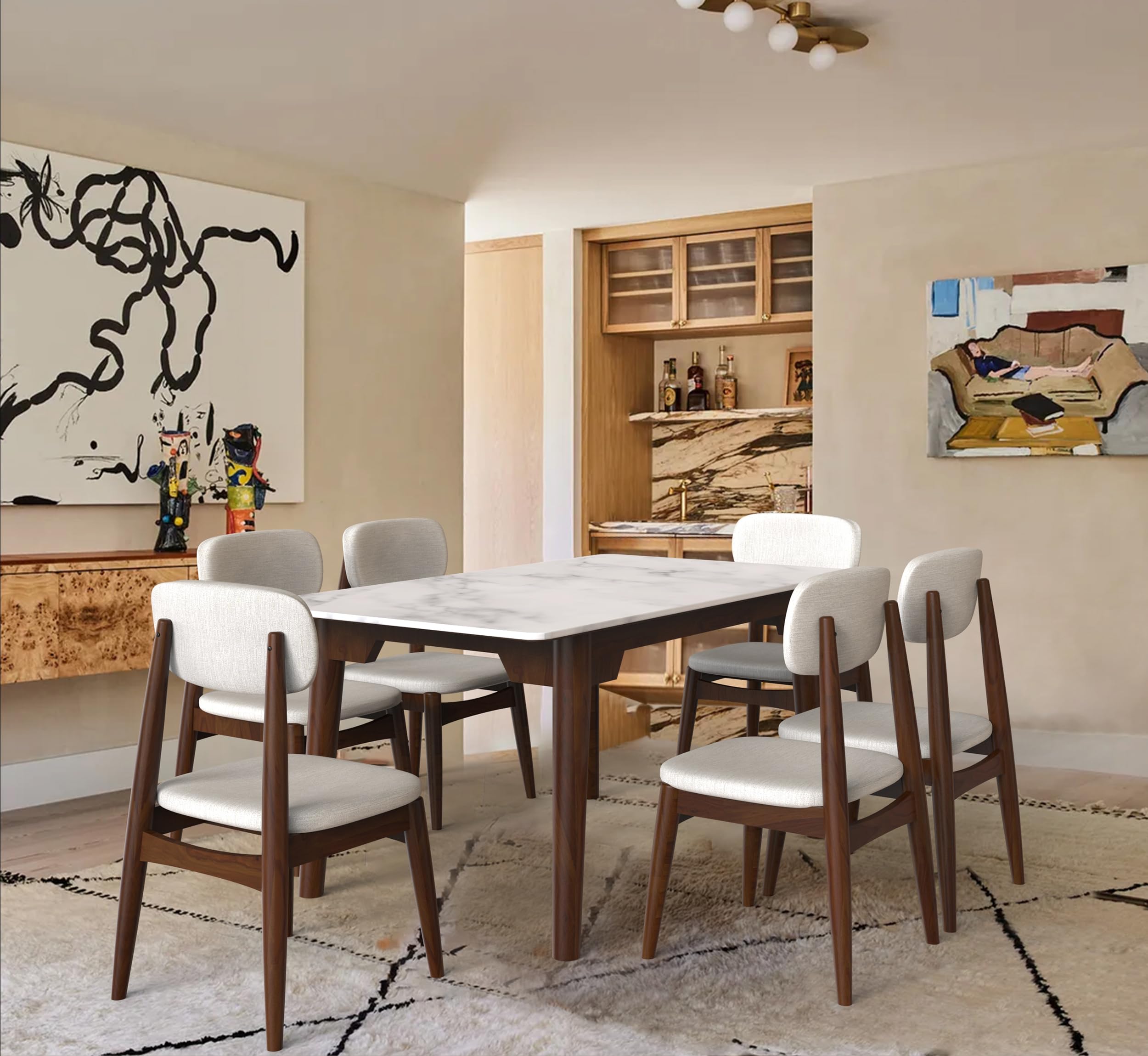 PLANKO | White Marble Top Natural Sheesham Solid Wood Dining Set 6 Seater | Seasoned Wood | Walnut (Walnut)-image-19