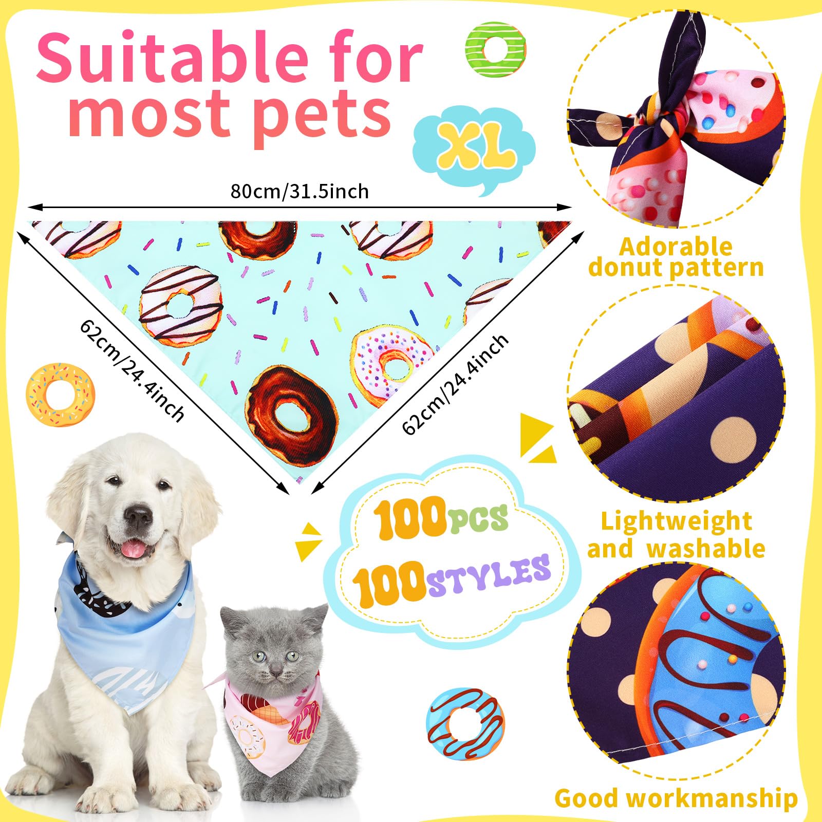 Huhumy 100 bandanas de dona para perros, baberos para mascotas, bufanda triangular colorida, tamaño XL, bandanas para perros medianos y grandes, primavera, verano, caramelos, cumpleaños, decoración de