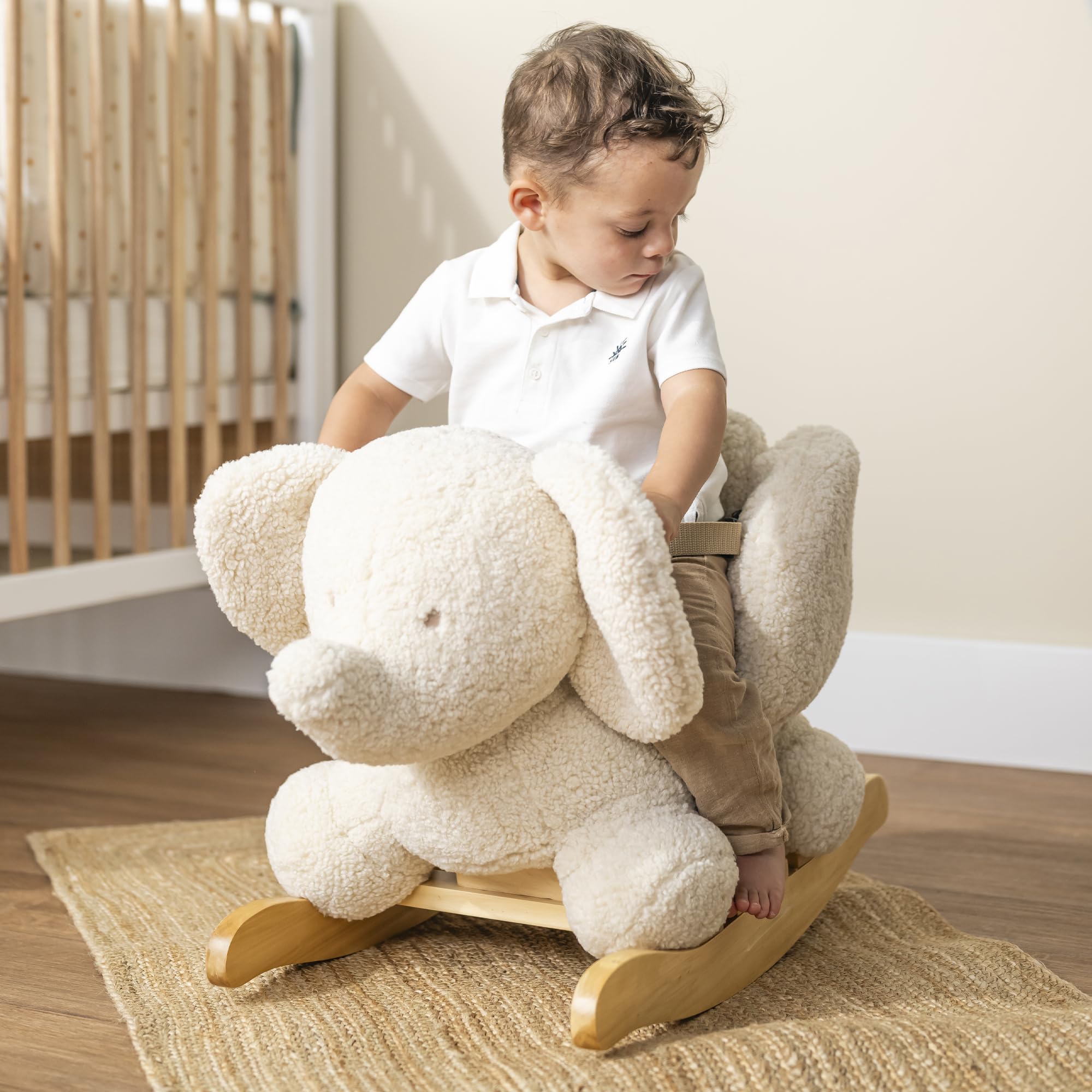 Nattou Schaukeltier aus weichem Teddy-Stoff, Schaukeltier Elefant, Inkl. Sicherheitsgurt, Fröhliches Hin- und Herschaukeln, Ca. 60 cm, Lapidou, Polyester/Holz, Ecru