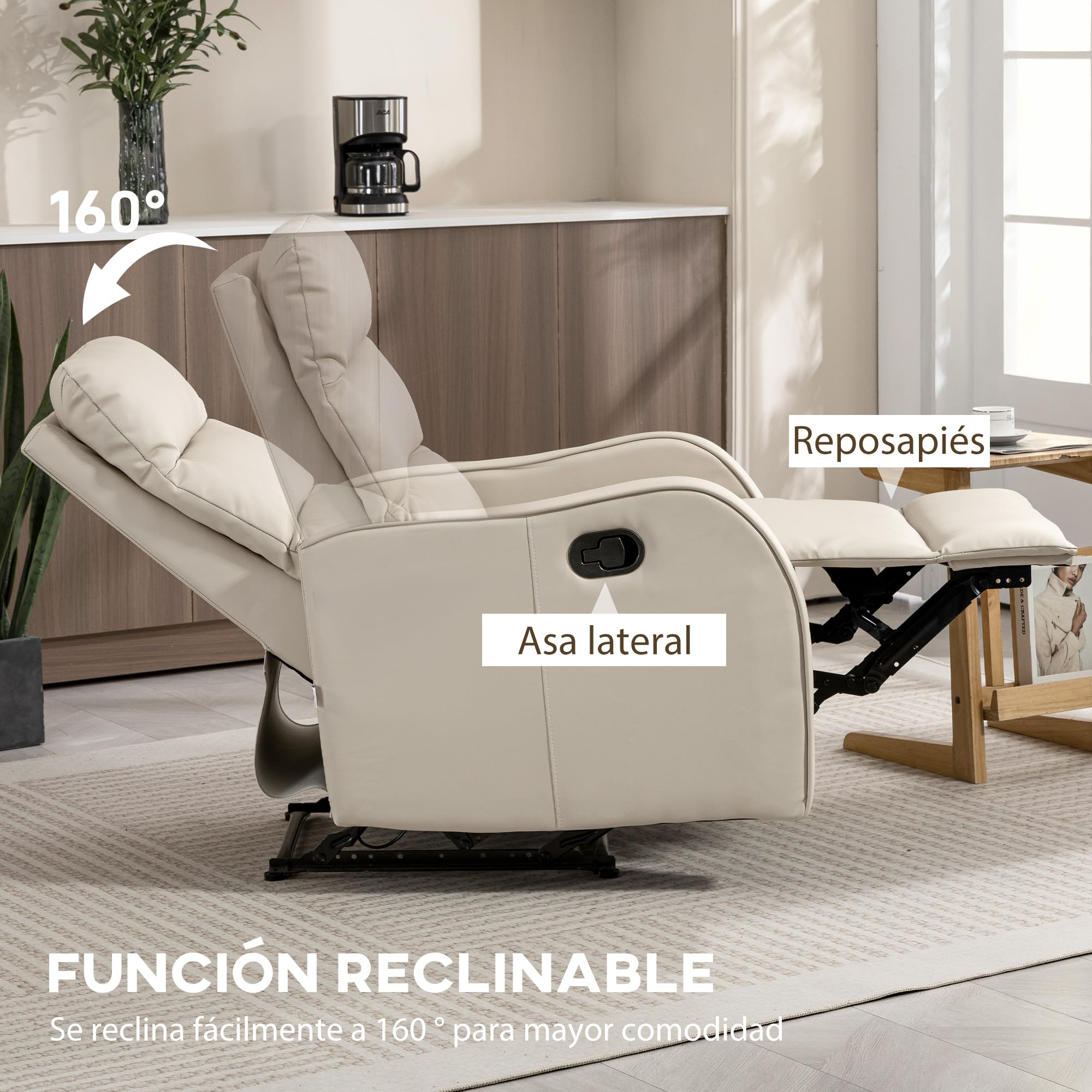HOMCOM Sillón Relax Reclinable Manual hasta 160° 65x89x100 cm Crema