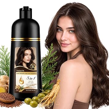 Dark Brown Hair Dye Shampoo 5 in 1,Herbal Ingredients Natural Hair Color Shampoo for Gray Hair, Long Lasting Semi-Permanent Hair Coverage for Women & Men, Mild Formula, Lasts 30 Days, 500ML