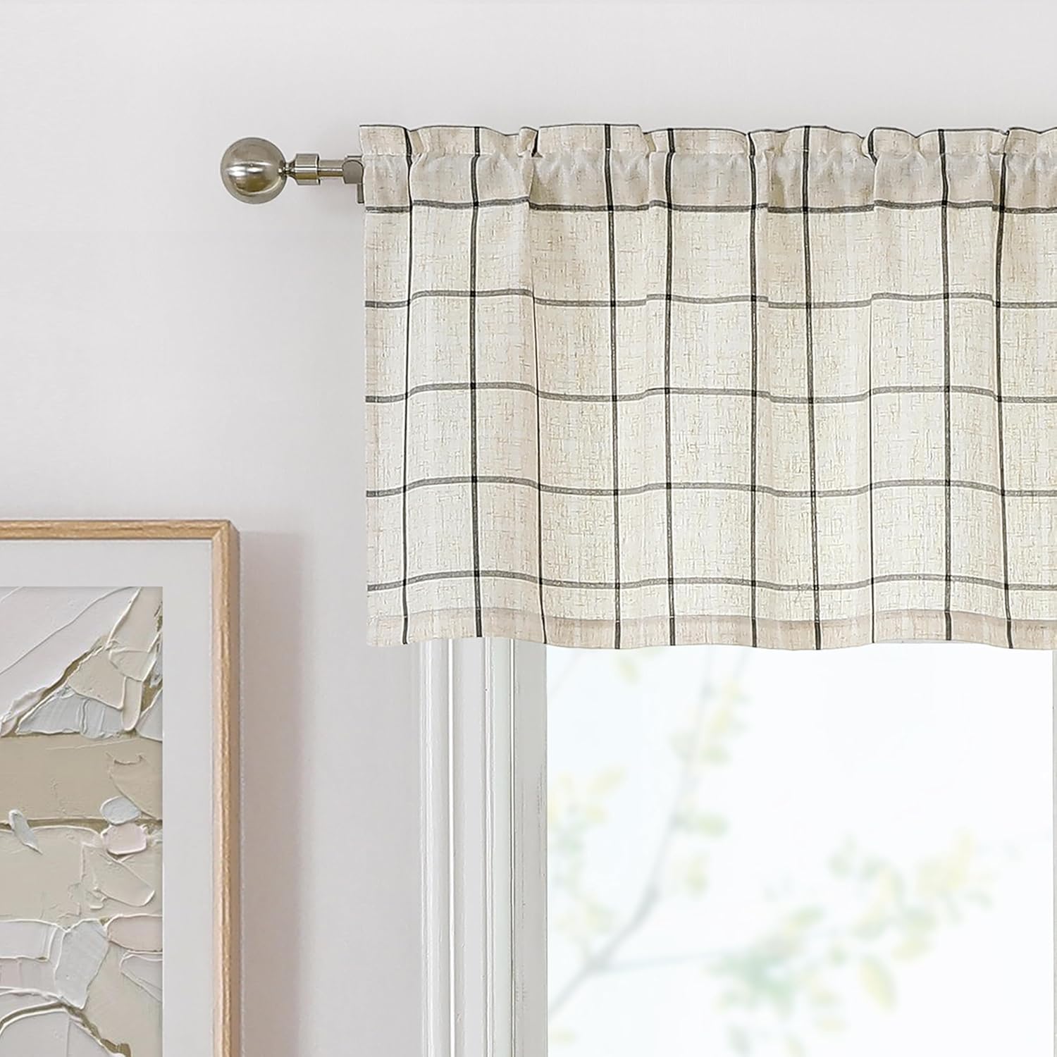 Buffalo Plaid Café Curtain Valances for Kitchen,Woven Black Stripes on Beige Linen Textured Fabric,Farmhouse Checkered Window Treatment for Bathroom Kitchen,Rod Pocket Top,55″ Wx15 Lx1