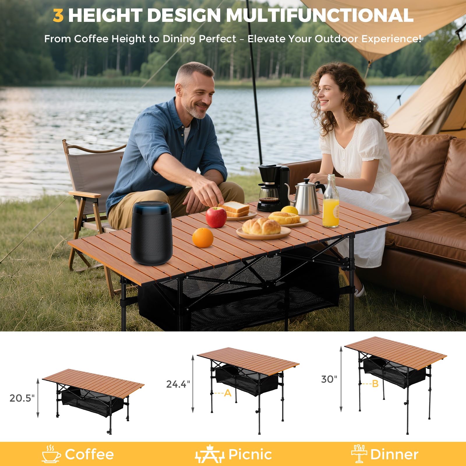 verovita Portable Folding Camping Table, 4-6 Person Aluminum Outdoor Picnic Table with Storage Carry Bag, Adjustable Height Lightweight Camp Table for Beach, Picnic, BBQ and Indoor Use