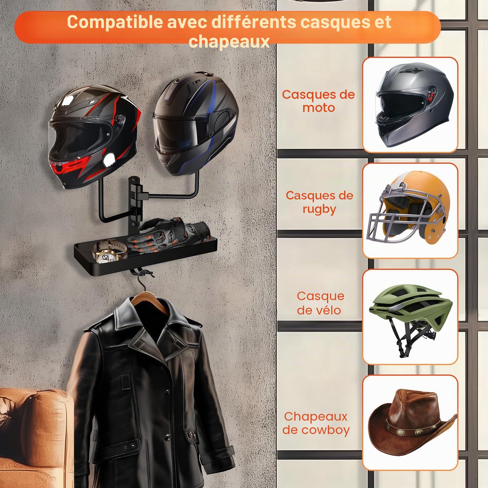 CASDUCT Porte-Casque Mural Rotatif 180° avec Crochet, Corbeille pour Accessoires Moto, Baseball, Perruque Noir