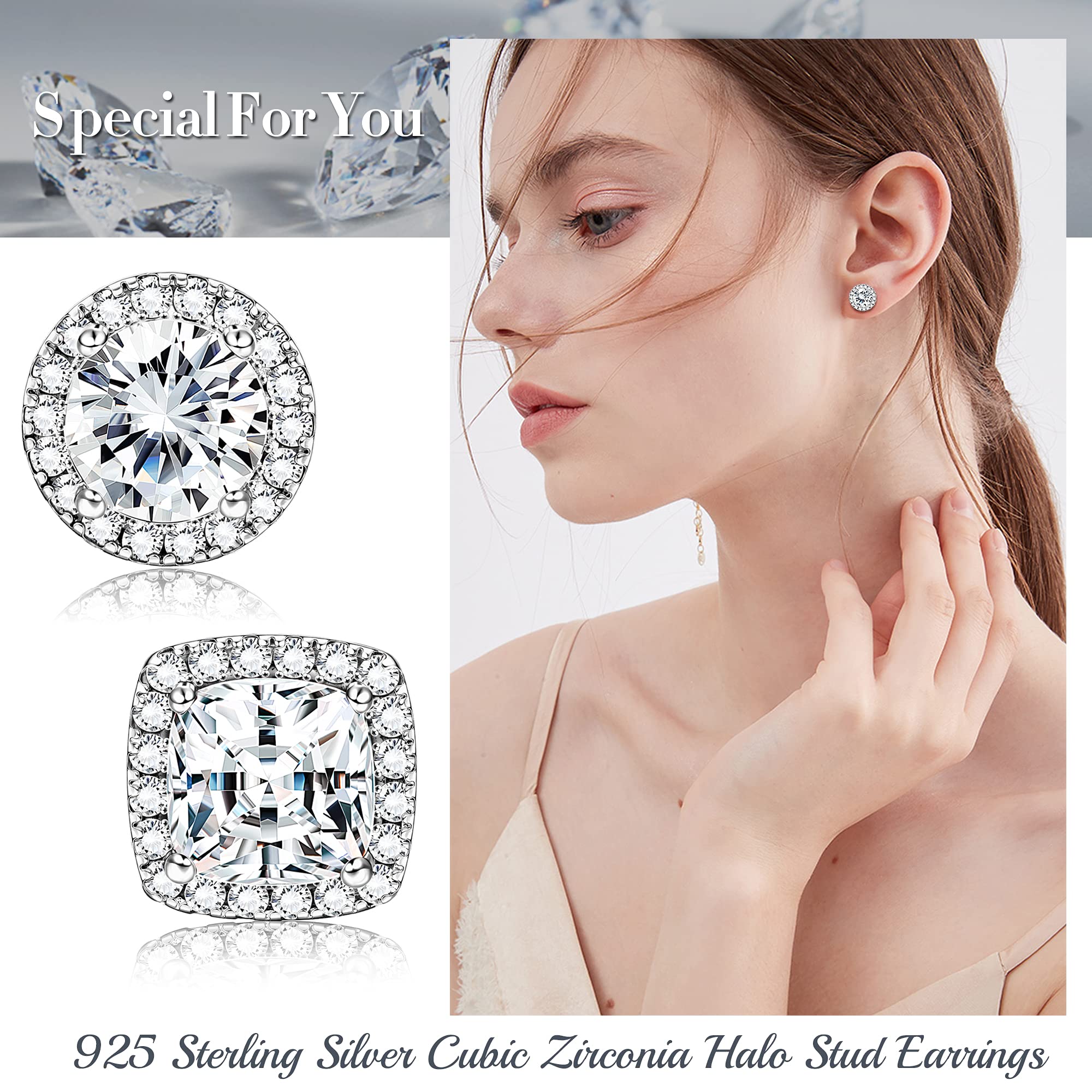 Dochais 2 Paia Orecchini Argento Sterling 925 Uomo Donna Orecchini Diamante Zirconi Cubici Quadrati Rotondi Brillantino Set Orecchino a Lobo Ipoallergenici Placcati Oro 14K Simulato Halo Argento/Oro