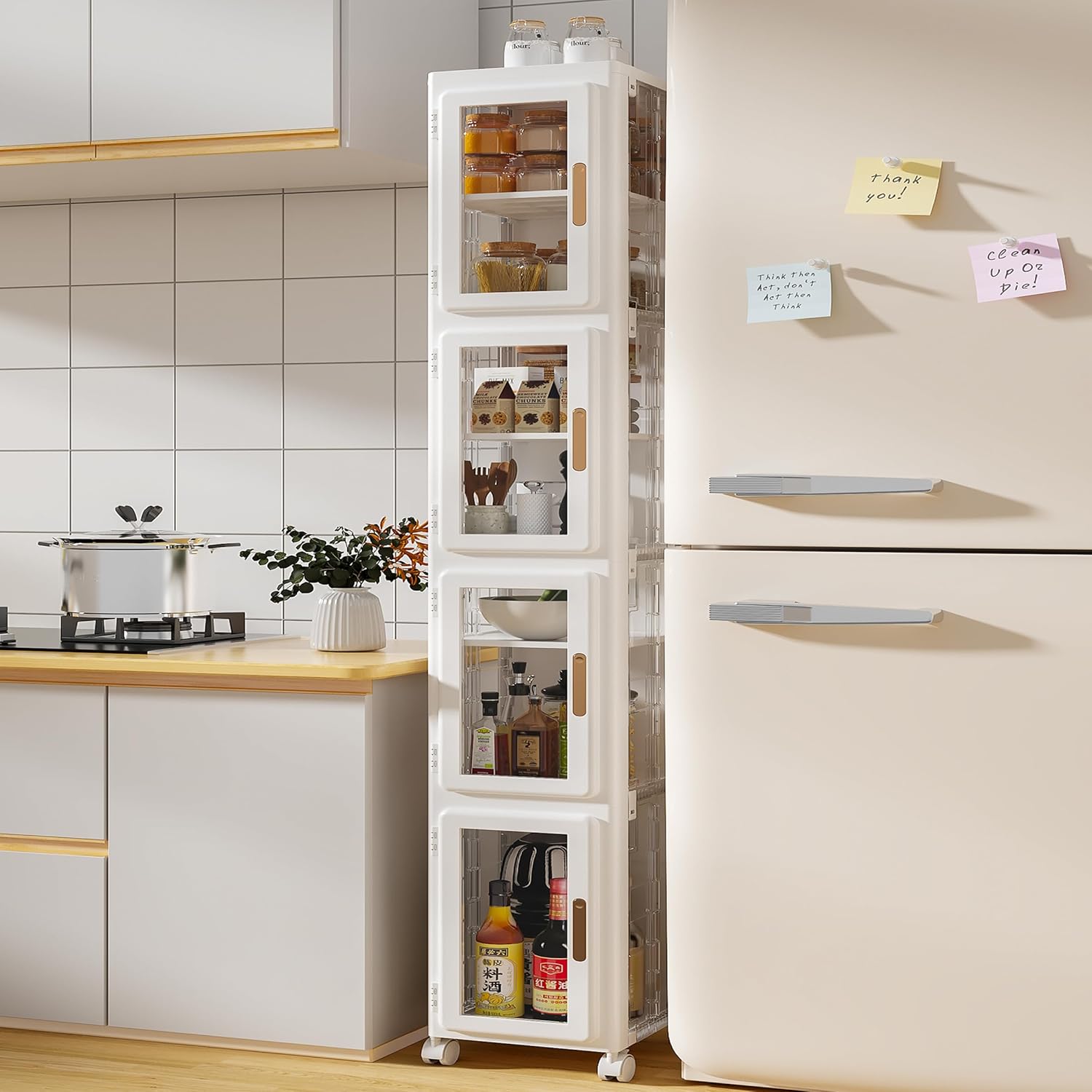 4-Tier Tall Narrow Storage Cabinet,Narrow Bathroom Storage Cabinet with Transparent Doors and Movable Wheels,Suitable for Small Spaces, Bathrooms, Kitchens, White (9.8x11.8x66.5)