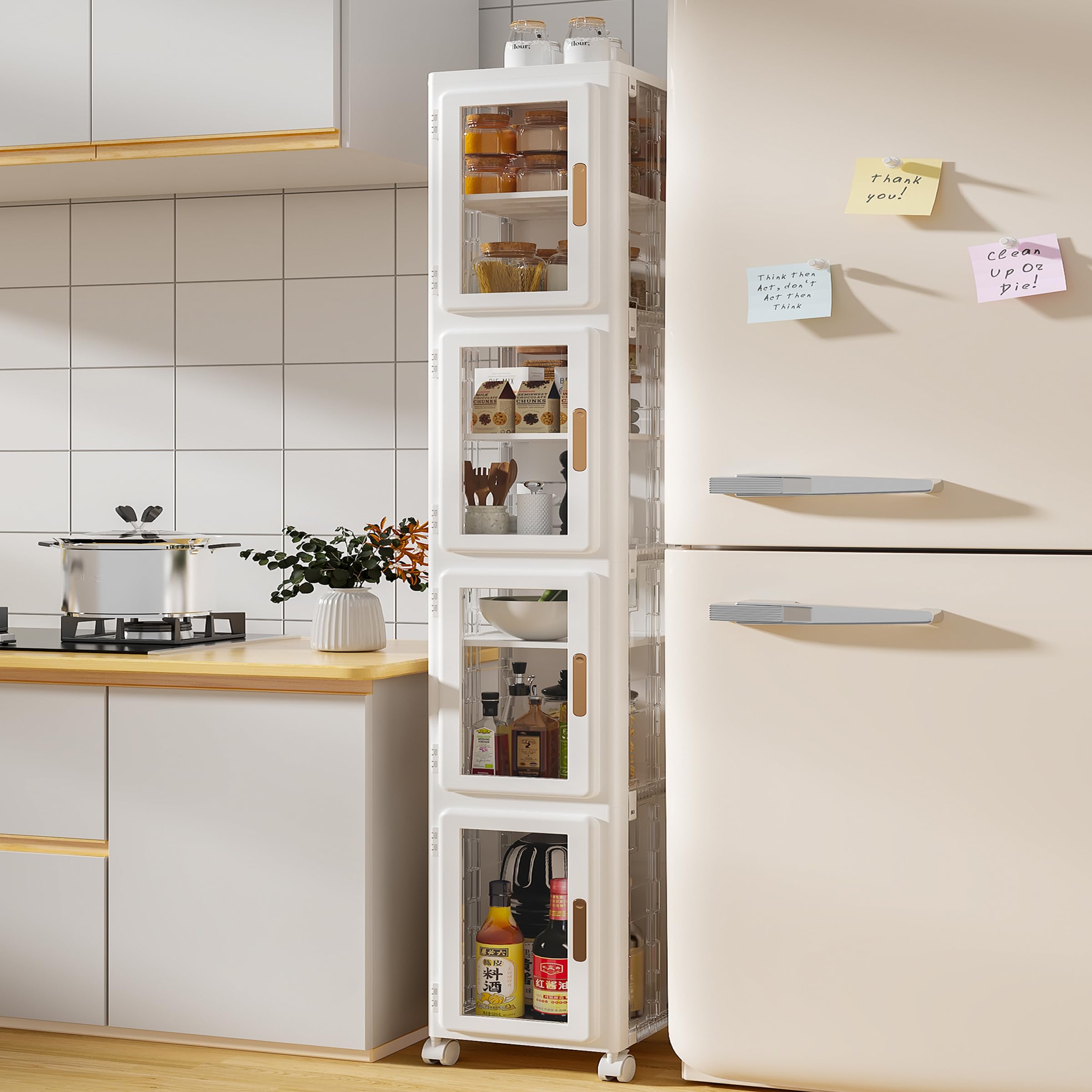 LXSJCYGJ 4-Tier Tall Narrow Storage Cabinet,Narrow Bathroom Storage Cabinet with Transparent Doors and Movable Wheels,Suitable for Small Spaces,