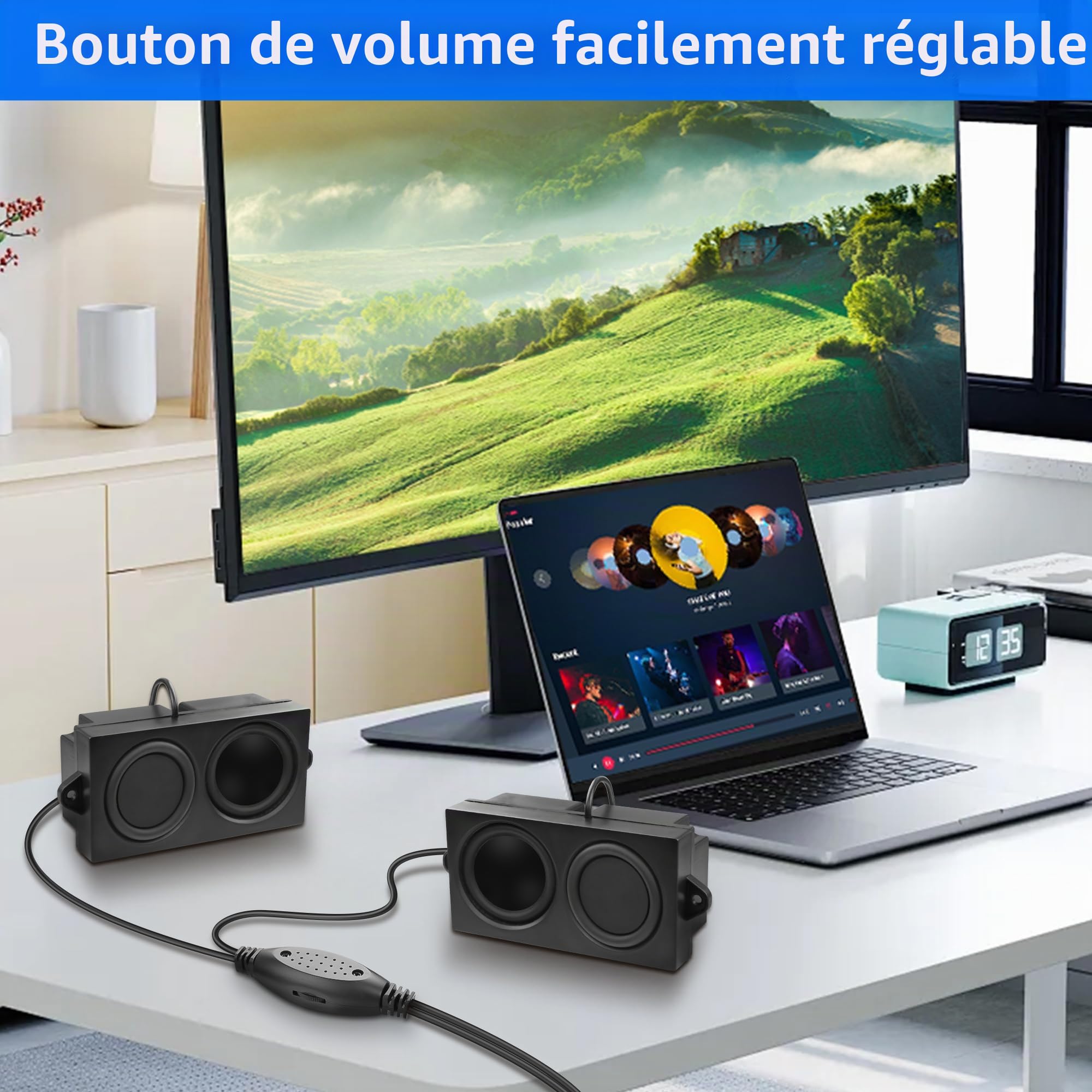 MEIRIYFA Haut-parleurs d'ordinateur USB pour PC portable, mini PC, entrée AUX 3,5 mm, contrôle du volume, stéréo HiFi, noir, 1,2 m