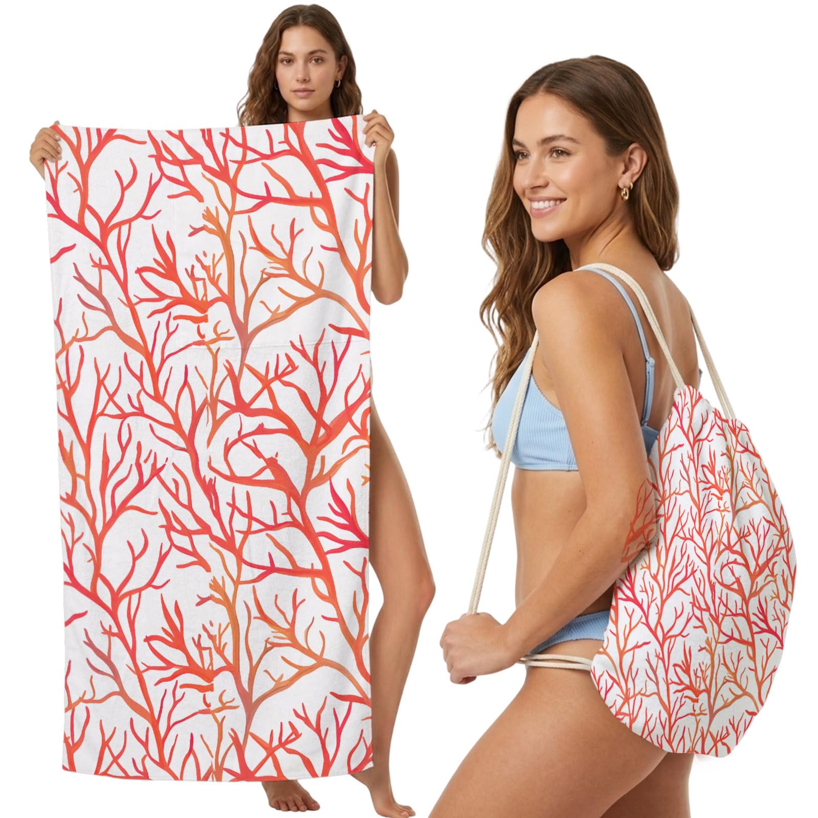 FWJZDSP Beach Towel Backpack, Summer Ocean Coral 2-in-1 Foldable Soft Microfiber Quick Dry Beach Towel 31.5x63in Watercolor Orange Marine Life Art Lightweight Pool Towels Bag for Travel, Yoga, Gym
