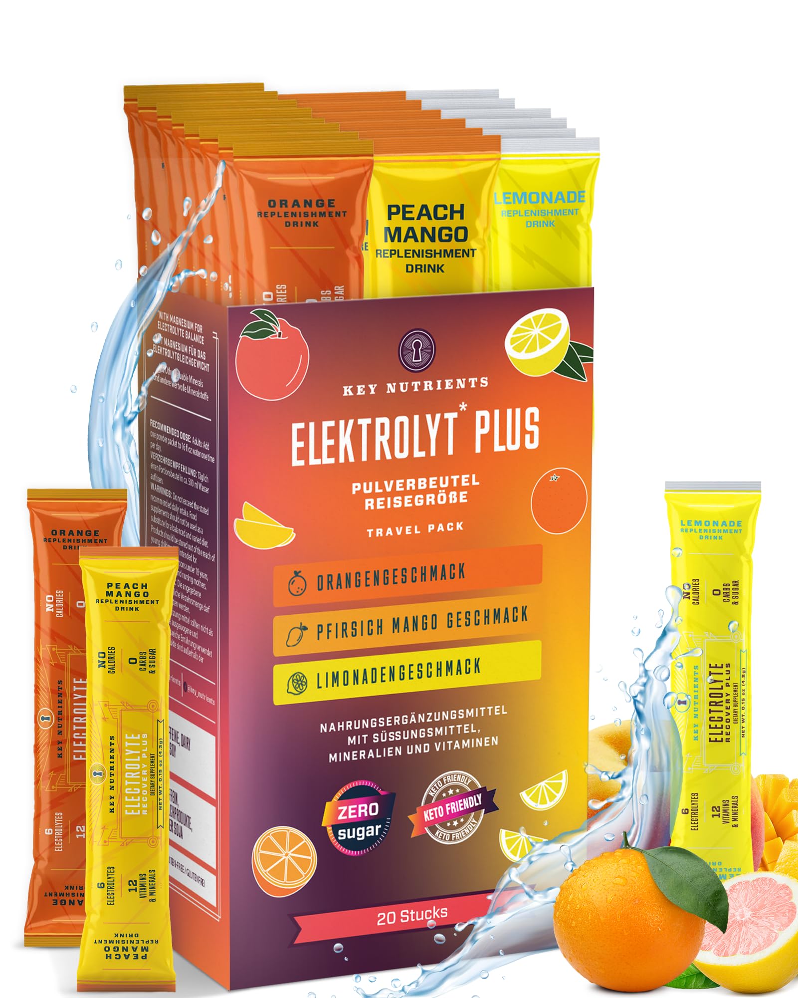 KEY NUTRIENTS Multivitamin Electrolytes Sachets No Sugar - Variety Electrolyte Powder - Sodium & Energy Supplement - Hydration Powder - No Calories - 4 g x 20 Sachets (80 Grams)
