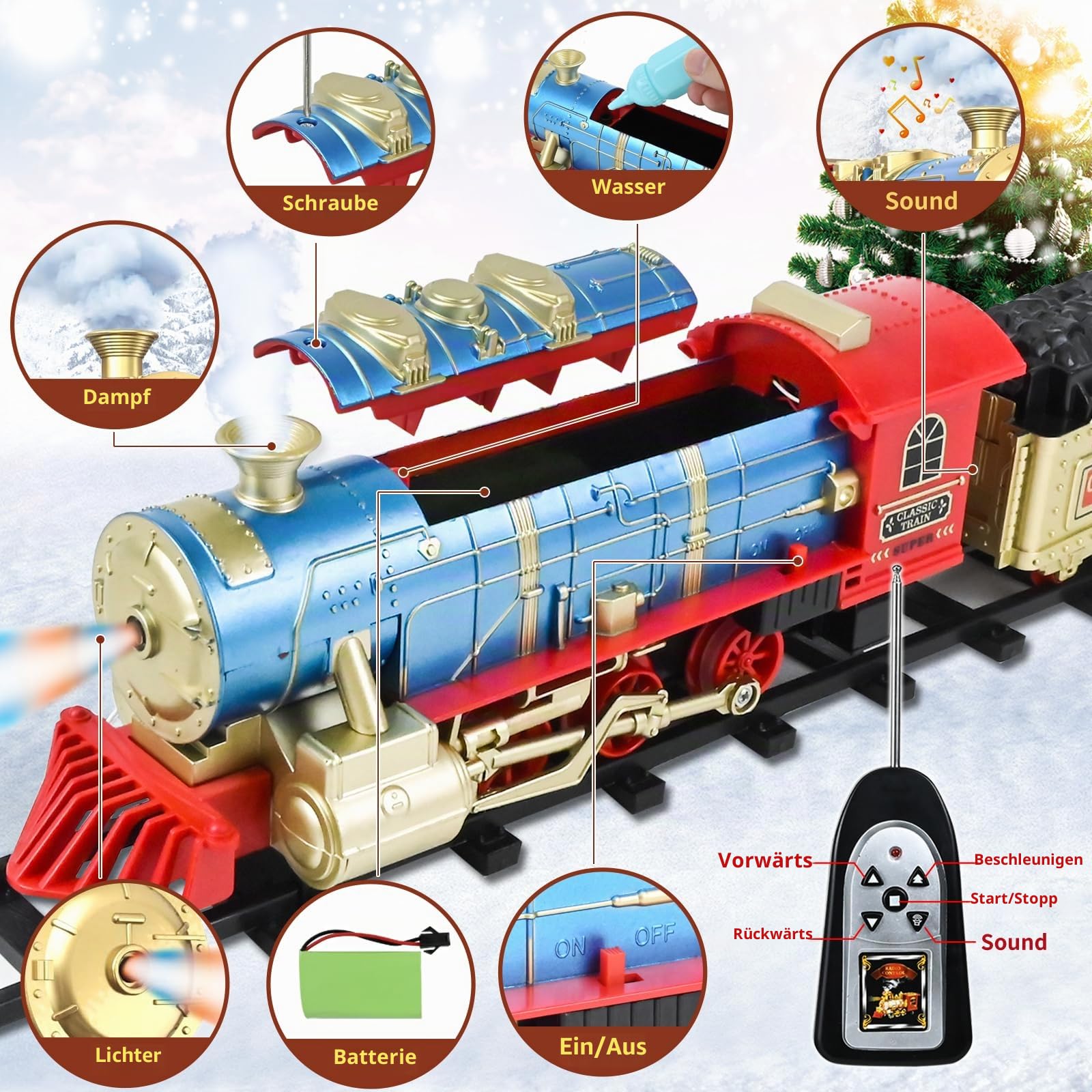 Ulikey Elektrischer Zug für Kinder, Spielzeugeisenbahn Mit Rauch, Licht und Sound, Eisenbahn Elektrisch Groß Mit Schienen, Weihnachtszug um den Baum, Dampfzug Geschenk Ab 3 Jahren