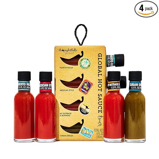 Thoughtfully Gourmet, Global Hot Sauce Gift Set, Internationally Inspired Flavors Include Puerto Rican Mango Habanero, Mexican Style Hot Sauce & More, Set of 4