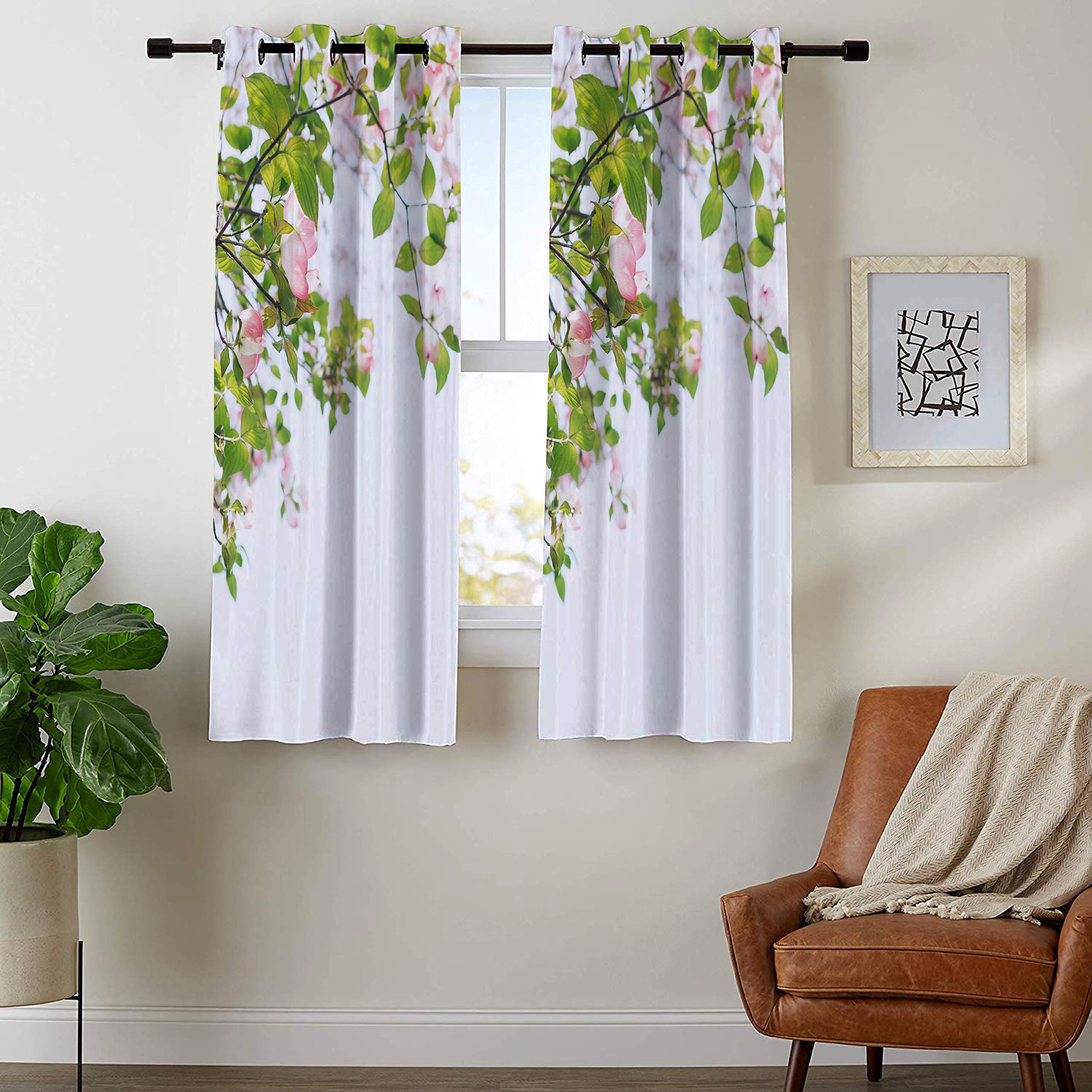 StyleWorth White and Green Leaf Design 3D Digital Printed Polyester Eyelet Shilhouette Curtain Piece of 2, 4 x 5 feet Window