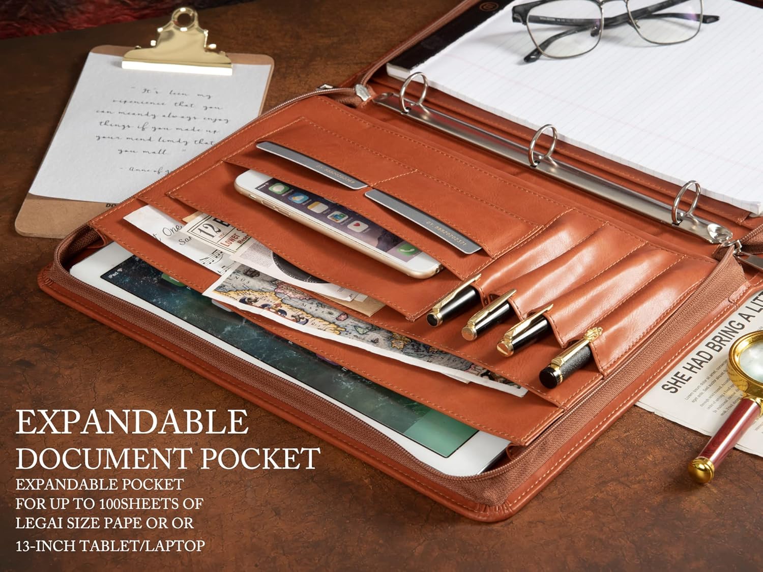 AZXCG Free Engraved Name, Padfolio PU Leather 3 Rings, Business Portfolio with A4 Writing Pad, Corporate Gift, Brown, Custom Now Custom