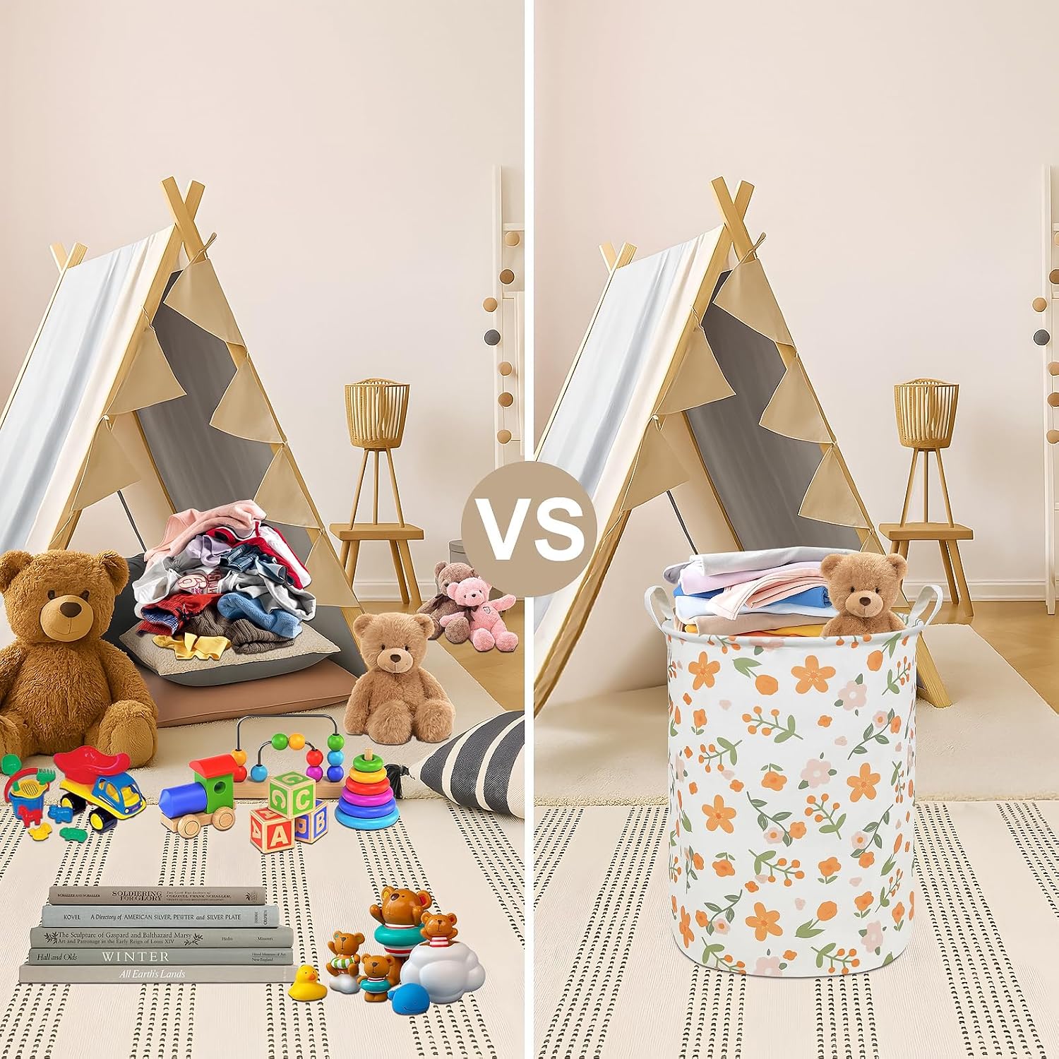 Round Fabric Collapsible Storage Basket with Handles, Orange Flower image 4