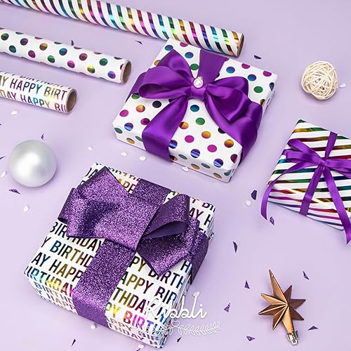 Miniatura 3 de Ribbli papel de regalo para cumpleaños, papel de regalo brillante para regalos, minirollo, 3 rollos con estampados de lunares y rayas de feliz