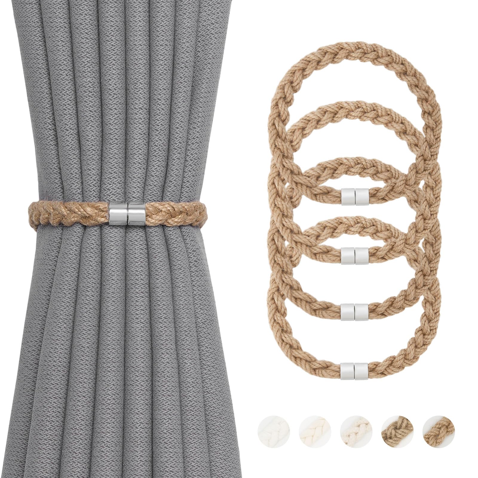 Pretty Jolly 4 Pack Natural Jute Rope Curtain Tiebacks Elegant Boho Style Magnetic Drape Tie Backs Soft Hand-Woven Rope Curtain Holdbacks for Home & Office Drapery (Jute rope-thin)