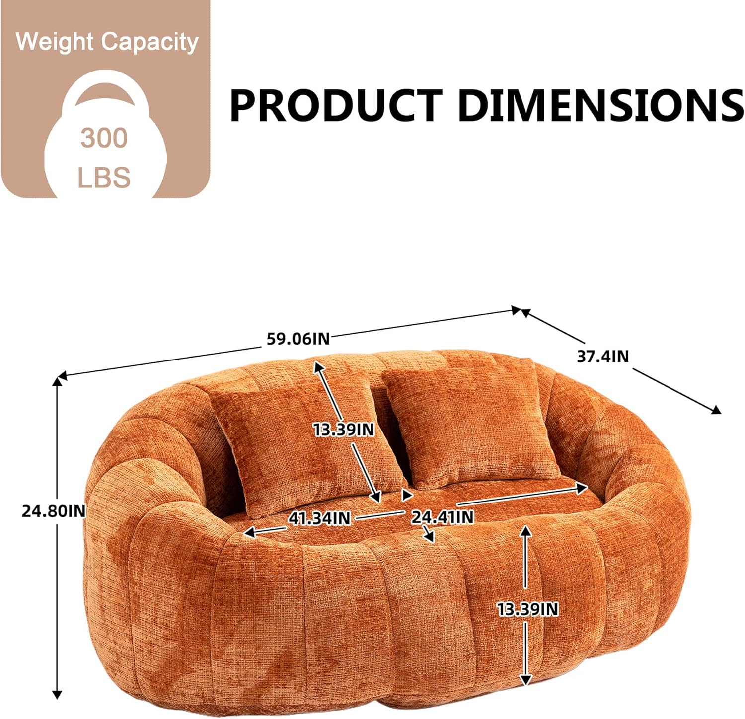 QQU Giant Bean Bag Chairs for Adult and Kids with 2 Pillows, 2-Seat Bean Bag Sofa with Armrest and Back, Chenille Loveseat Filling high -Density Foam, Large Lazy Sofa for Living Room, Bedroom,Orange