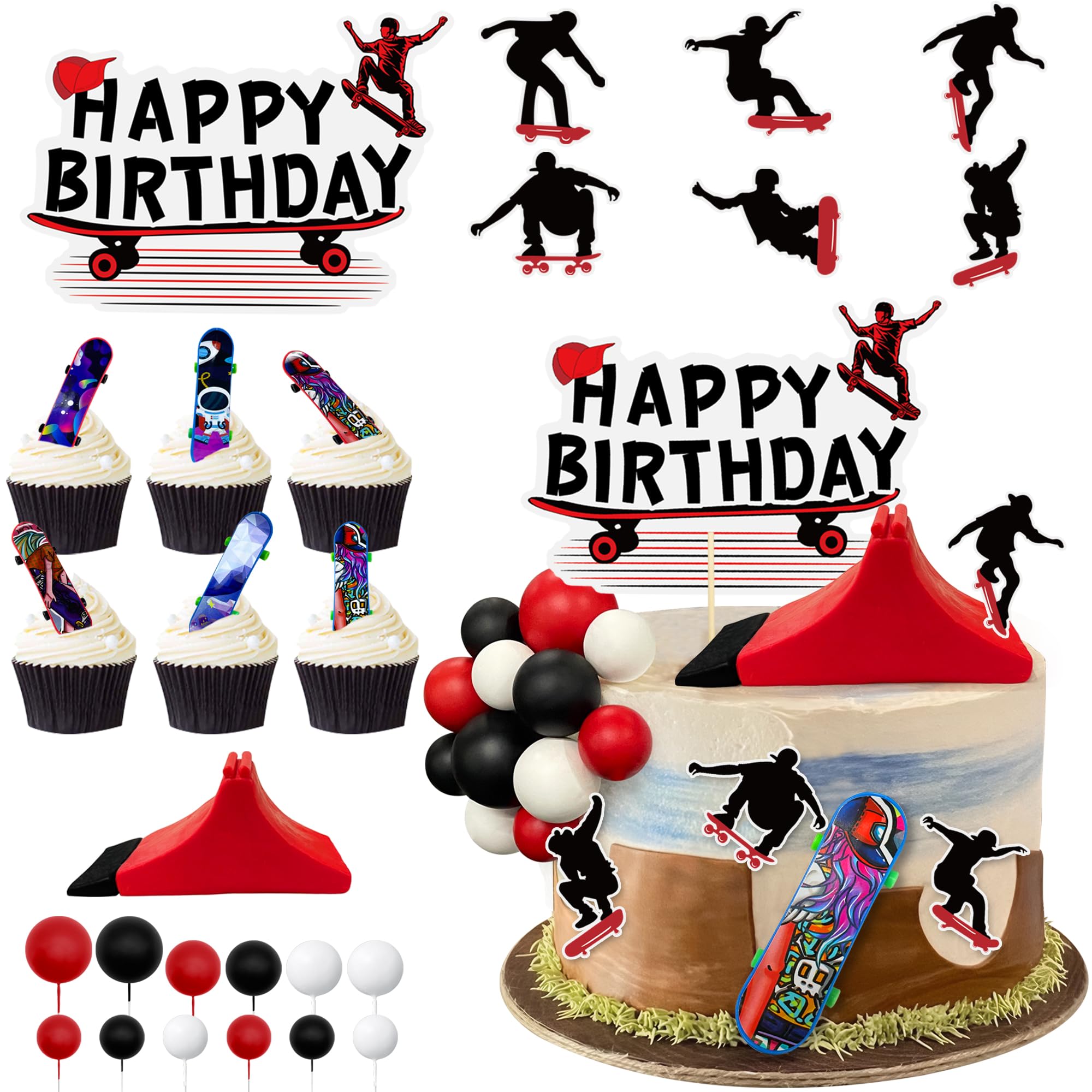 30pcs Skateboard Cake Topper Decoration Includes Mini Skateboard Happy Birthday Card Themed Card and Decorative Ball - Sports Birthday Party Supplies
