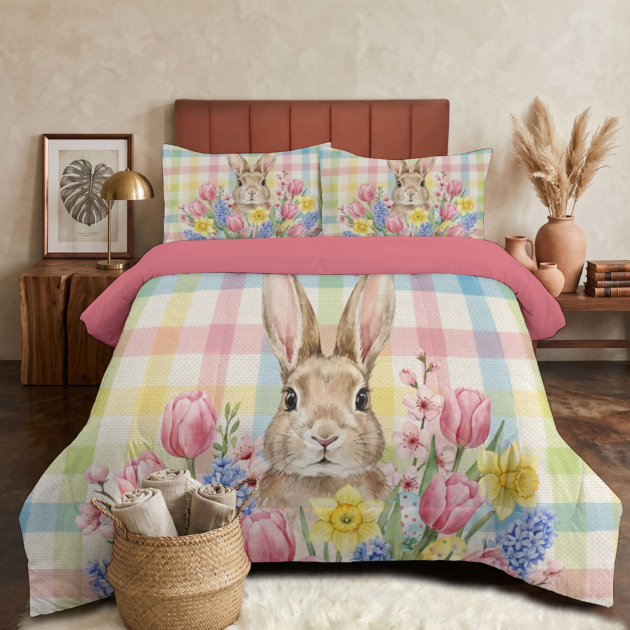 Piumino Letto Singolo Scozzese Floreale Country 140X200 Cm Per 4 Stagioni, Piumone In Microfibra 200 G/M² Coniglietto Carino Ad Acquerello Invernale, Trapunta Morbida Traspirante, Rosa