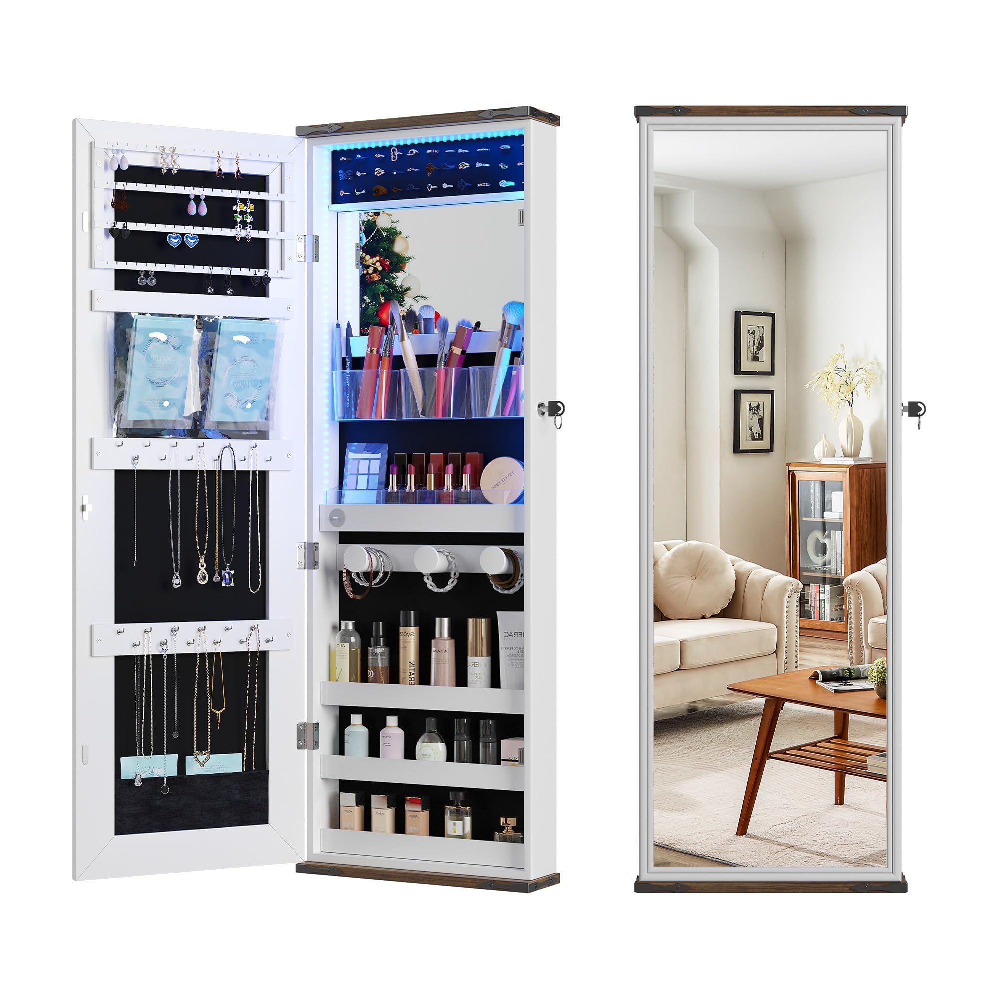 TAGELIER 43.5 ″ Full Length Mirror with Storage, 3 Lights Adjustable & Wall/Door Mount | Space-Saving Cabinet for Bedroom, Closet or Entryway