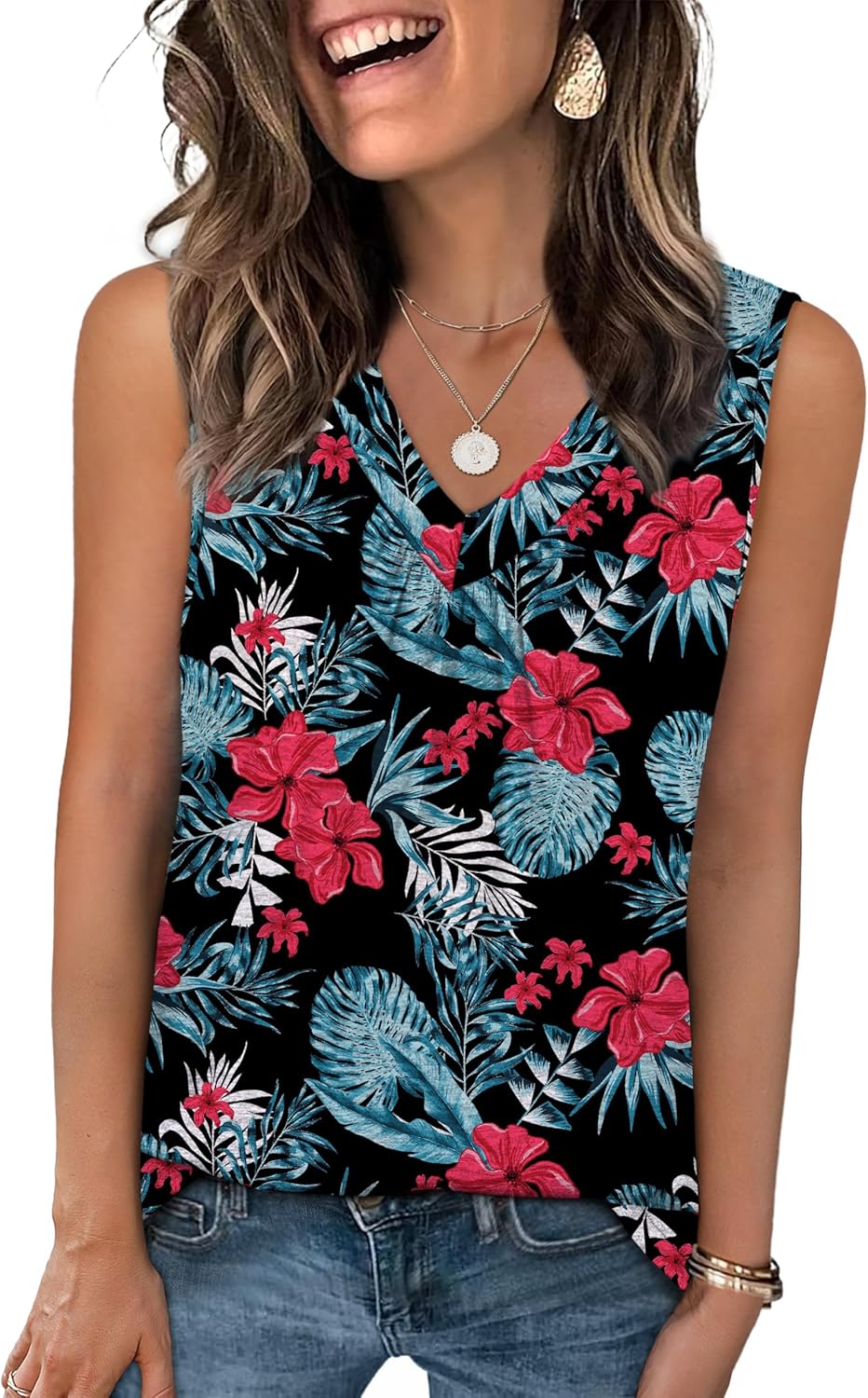 OFEEFAN Tank Top for Women Loose Fit Sleeveless Shirts V Neck Summer Clothes Ruched Women's Tees and Tanks Curved Hem