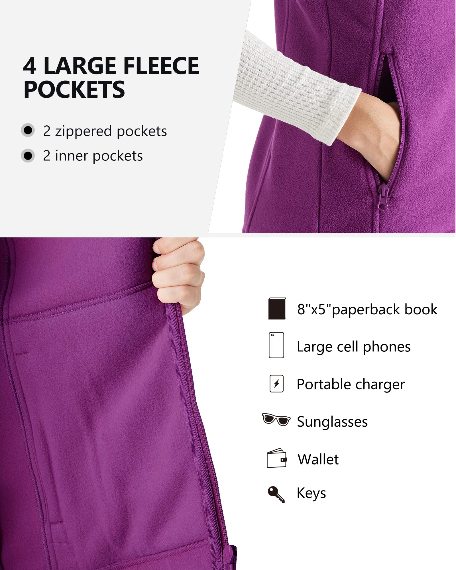 Outdoor Ventures Chaleco de forro polar para mujer, chaqueta suave sin mangas con bolsillos con cremallera, chaleco deportivo para correr de primavera y otoño, chaleco de forro polar para mujer