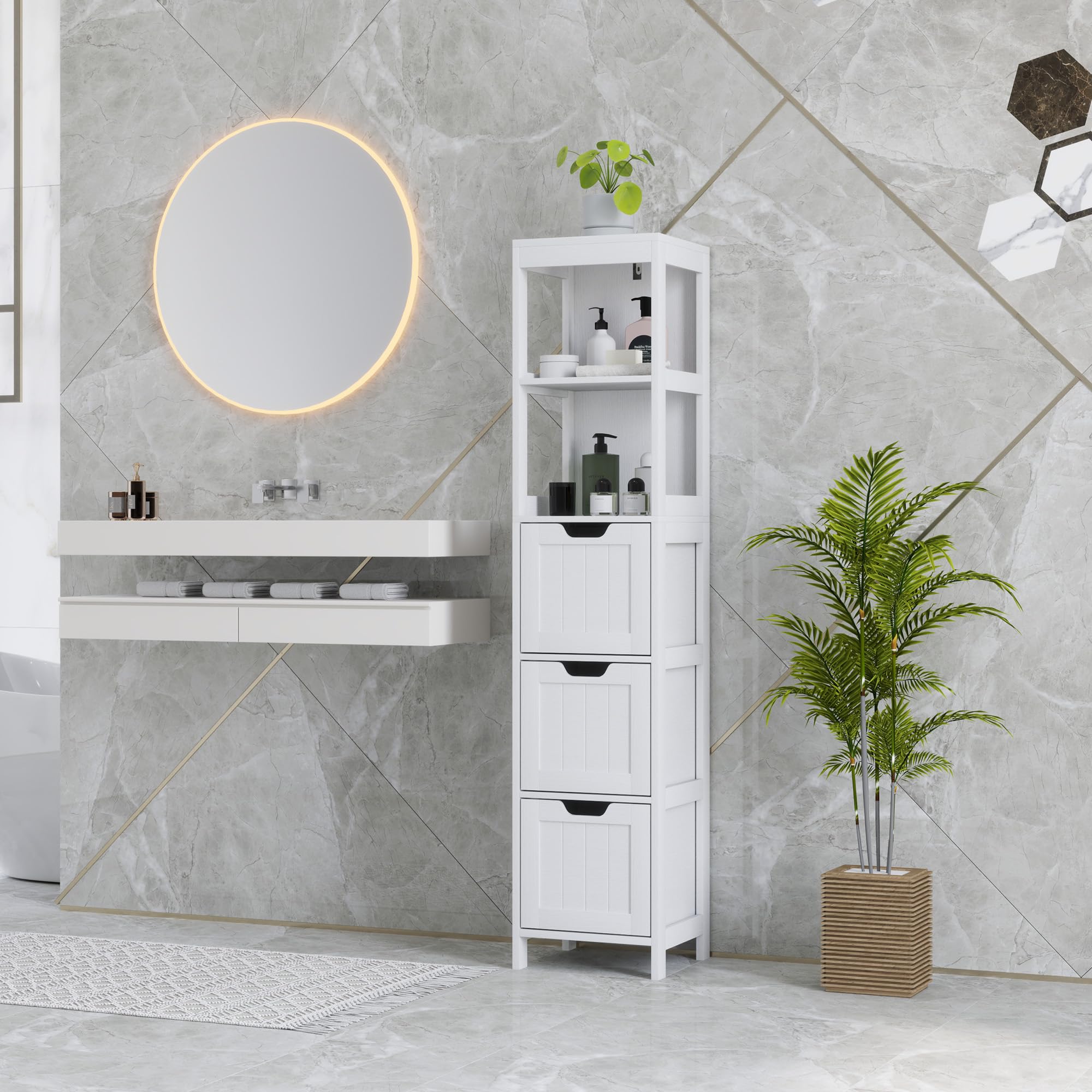 HOMCOM Badezimmerschrank mit 3 Schubladen in Weiß 30 x 30 x 142,4 cm