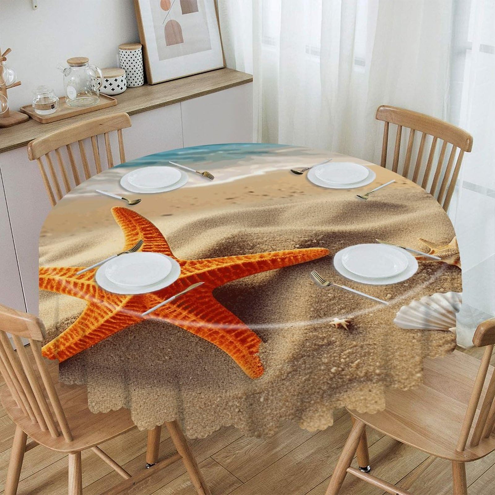 FekiLoot Sea Beach Starfish Round Tablecloths 60 Inch Resistant Washable Polyester Table Cloth Style Decorative Circle Fabric Table Cover for Dining Kitchen Party Farmhouse Outdoor