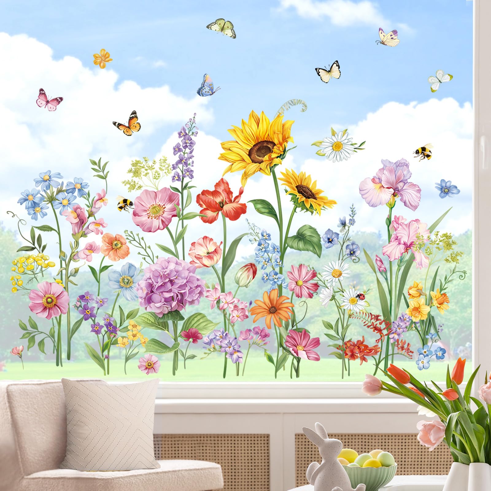 wondever Garden Flowers Window Clings Wildflower Sunflower Iris Floral Butterflies Glass Sticker Decal Anti Collision Double-Side Static Window Stickers for Home Glass Window