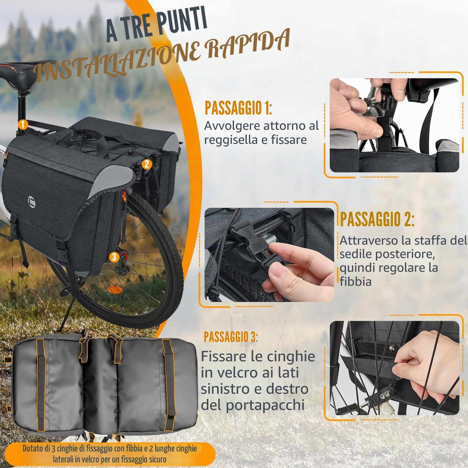 WOTOW Accessori per bici Borse laterali per bicicletta - Borsa per portapacchi posteriore per bici resistente all'acqua da 35 litri con finiture e maniglia riflettenti, borse da sella per bici