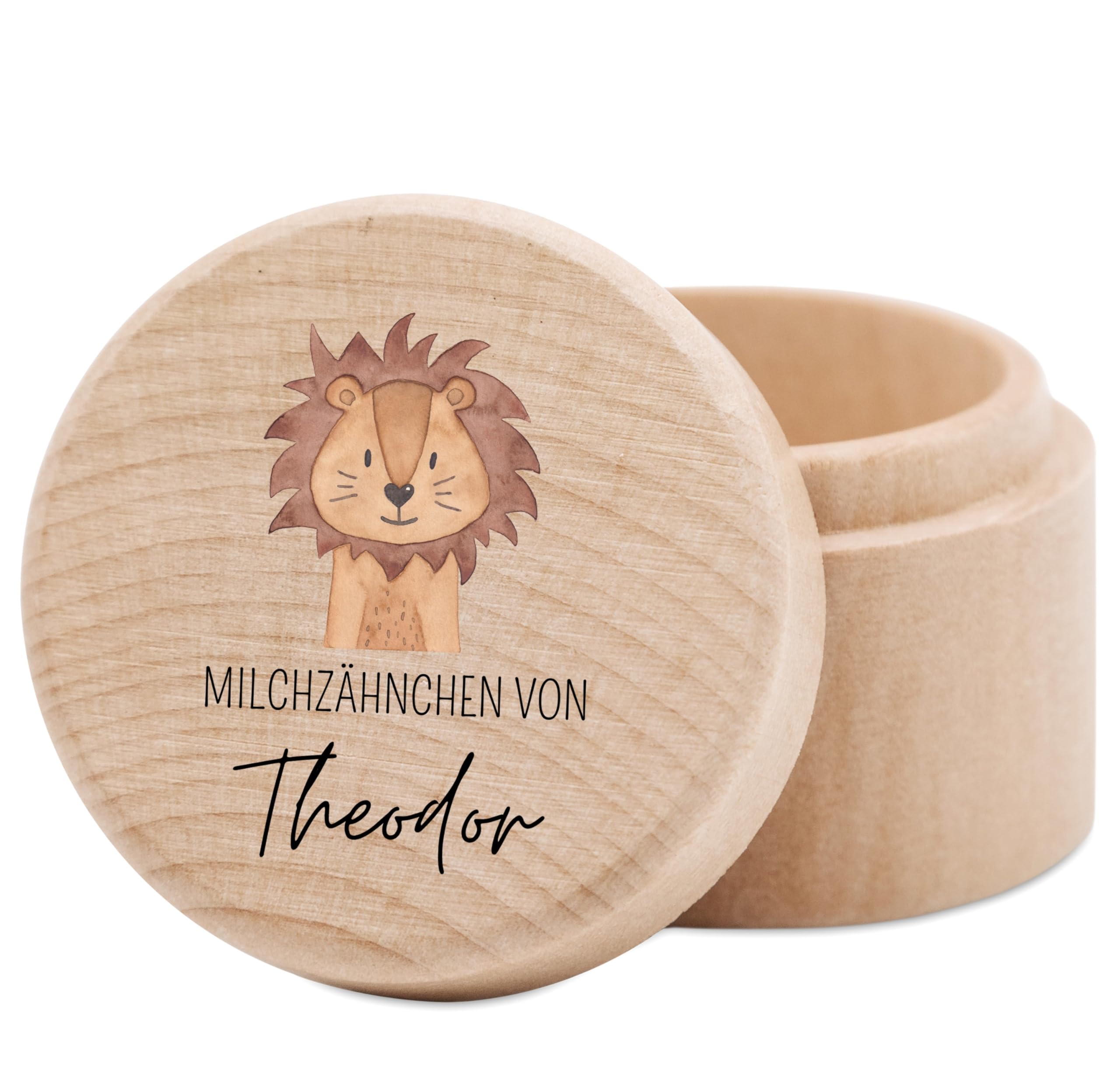 wunderwunsch® - Milchzahndose personalisiert aus Holz mit kinderfreundlichem UV-Druck - Zahndose Milchzähne als Erinnerung an die ersten Zähnchen (Löwe)