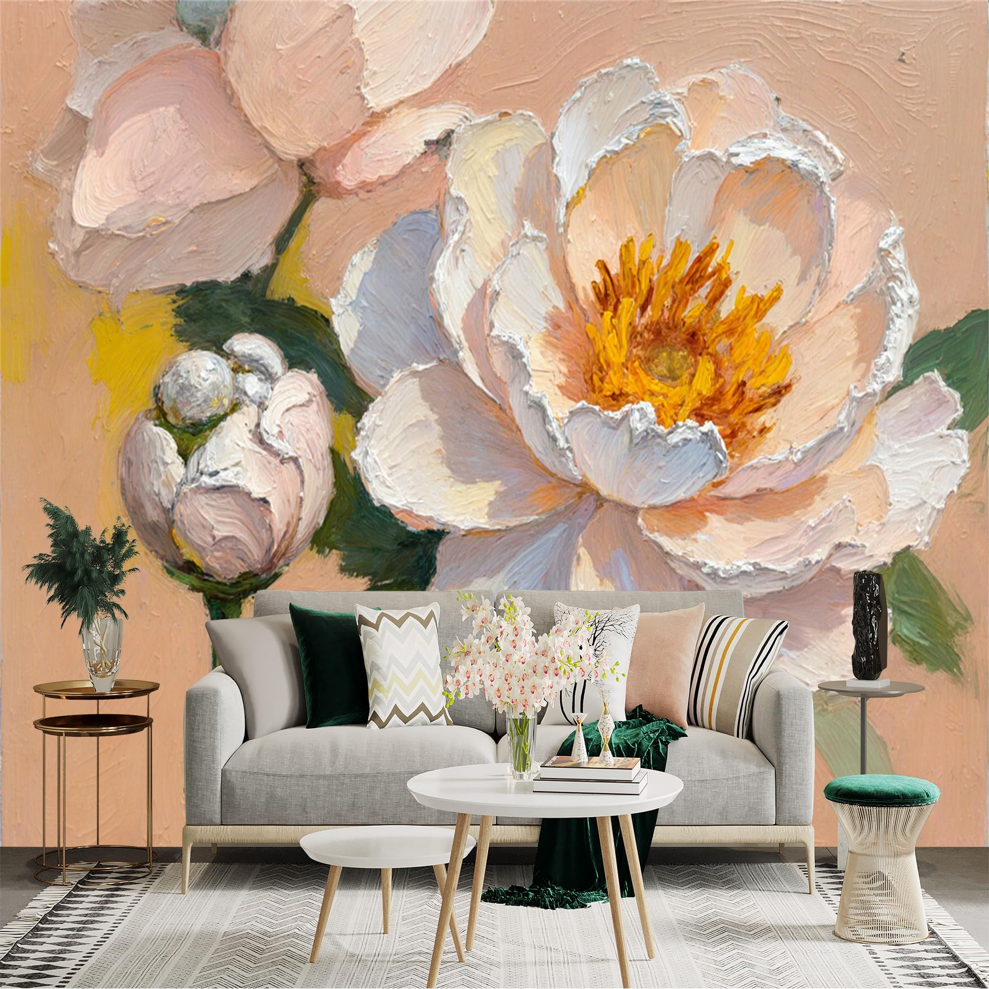 Custom Size Wall Sticker Mural， Soft Peach Background with Blooming Peonies， Impasto Oil Painting Style Floral Art， for wall Decoration， peelandstick wall Decals.