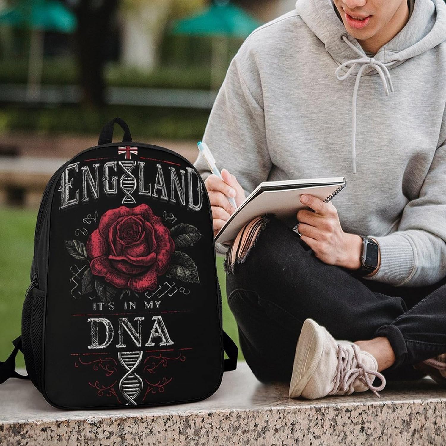 England It's in My DNA Rose Flag Unisex Backpack 17" Casual Daypacks Simple Shoulders Bag for Camping Hiking Travel Gear