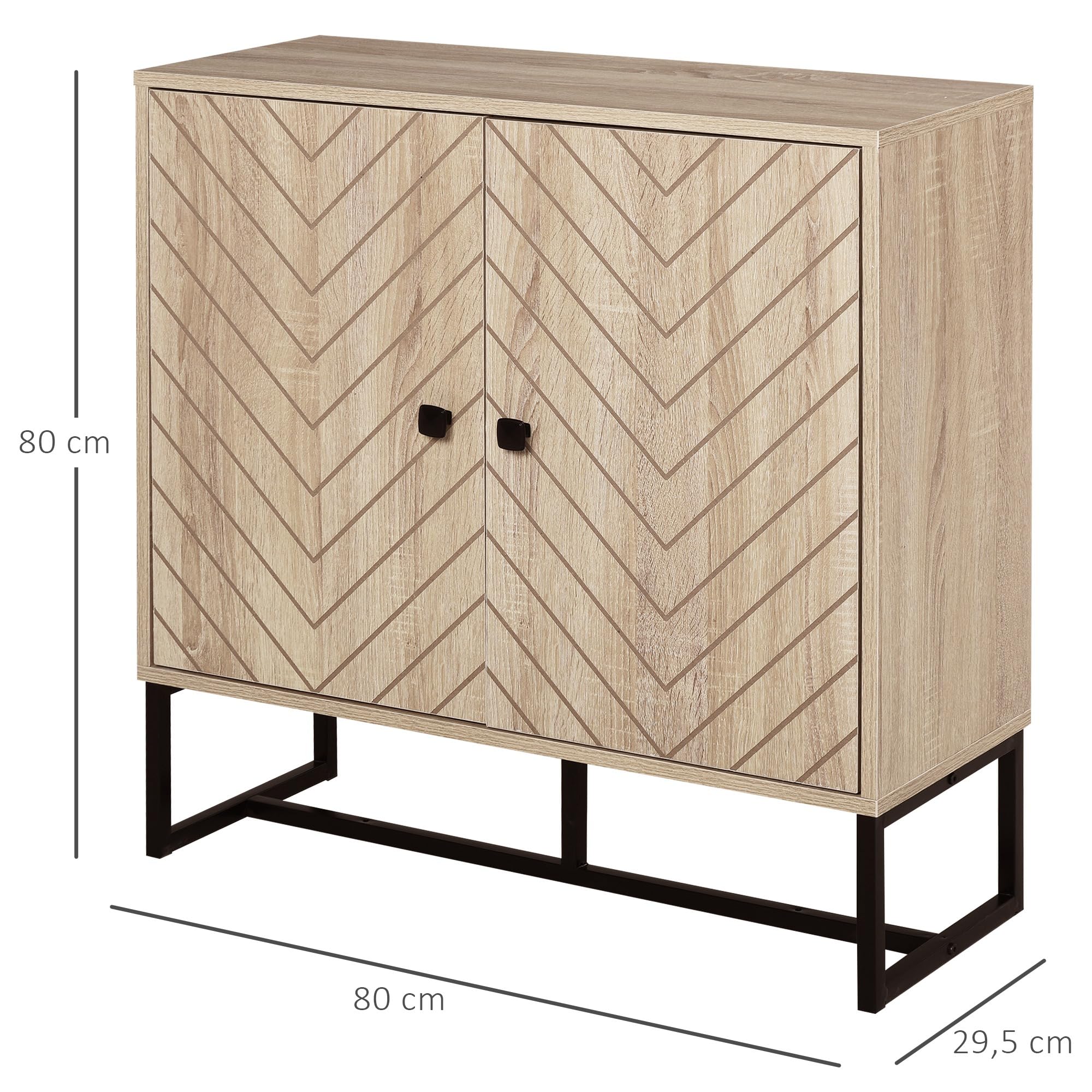 HOMCOM Aparador de 2 Puertas Diseño Chevron 80x29,5x80 cm Roble | Aparador de Salón, Estantes Ajustables, Patas de Metal, Armario para Cocina, Entrada, Dormitorio