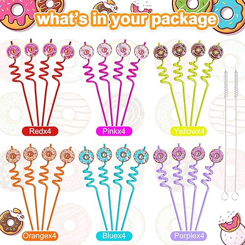 Miniatura 6 de 24 popotes reutilizables con purpurina para beber, suministros de fiesta de donas, regalos de decoración de fiesta de cumpleaños con 2 cepillos de