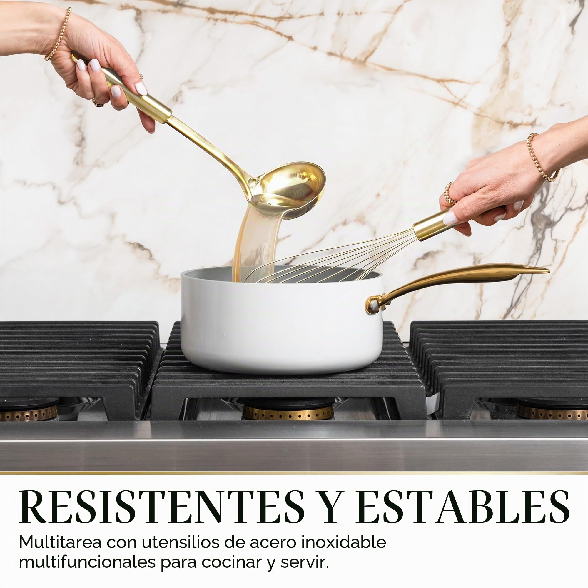 Juego de utensilios de cocina de 7 piezas, color beige y dorado, herramientas de silicona y acero inoxidable no tóxicas para cocinar, servir y alojar, ideal para utensilios de cocina antiadherentes y