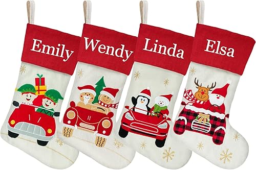 Miniatura 13 de DearSun Juego de 3, medias de Navidad personalizadas de 18 pulgadas con tecnología de bordado, diseños de Papá Noel, muñeco de nieve y renos